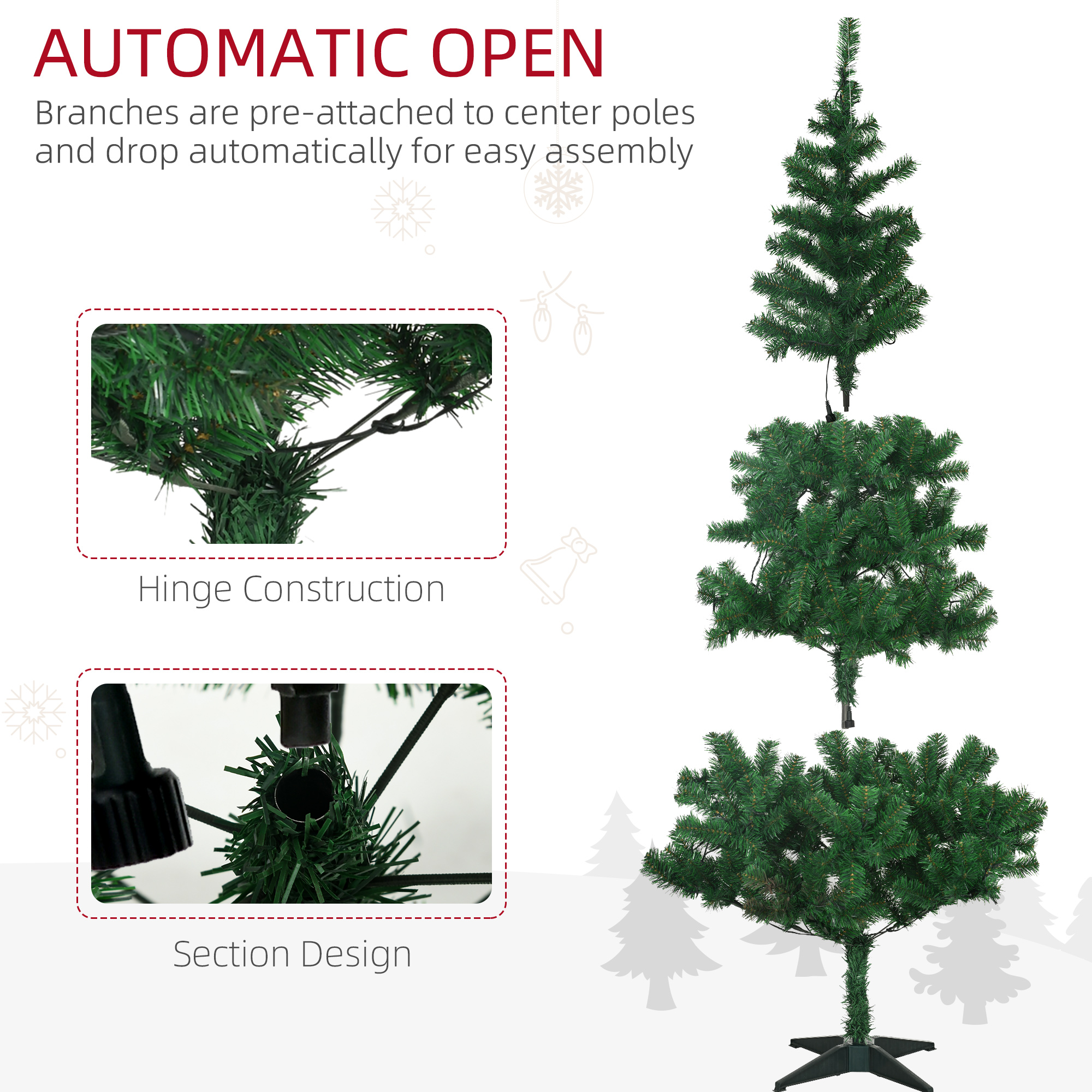 HOMCOM 6' Artificial Prelit Christmas Trees Holiday DÃ©cor with Warm White LED Lights, Auto Open, Tinsel, Ball, Star