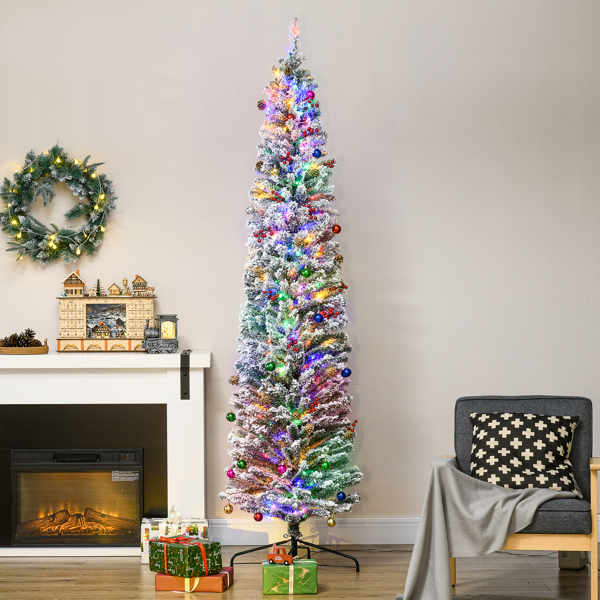 HOMCOM 7.5' Artificial Prelit Christmas Trees Holiday DÃ©cor with Warm White LED Lights, Flocked Tips, Berry, Pine Cone