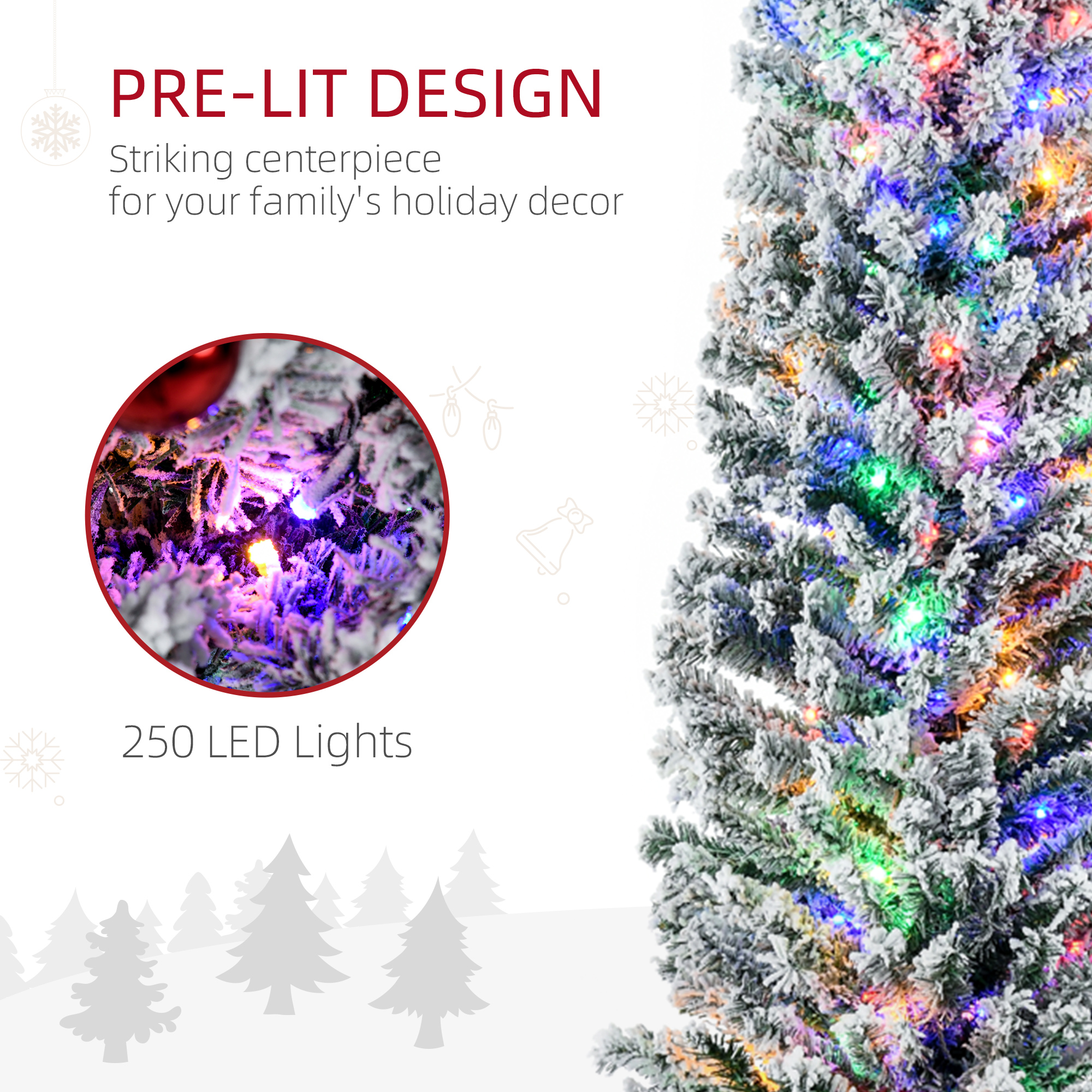 HOMCOM 7.5' Artificial Prelit Christmas Trees Holiday DÃ©cor with Warm White LED Lights, Flocked Tips, Berry, Pine Cone
