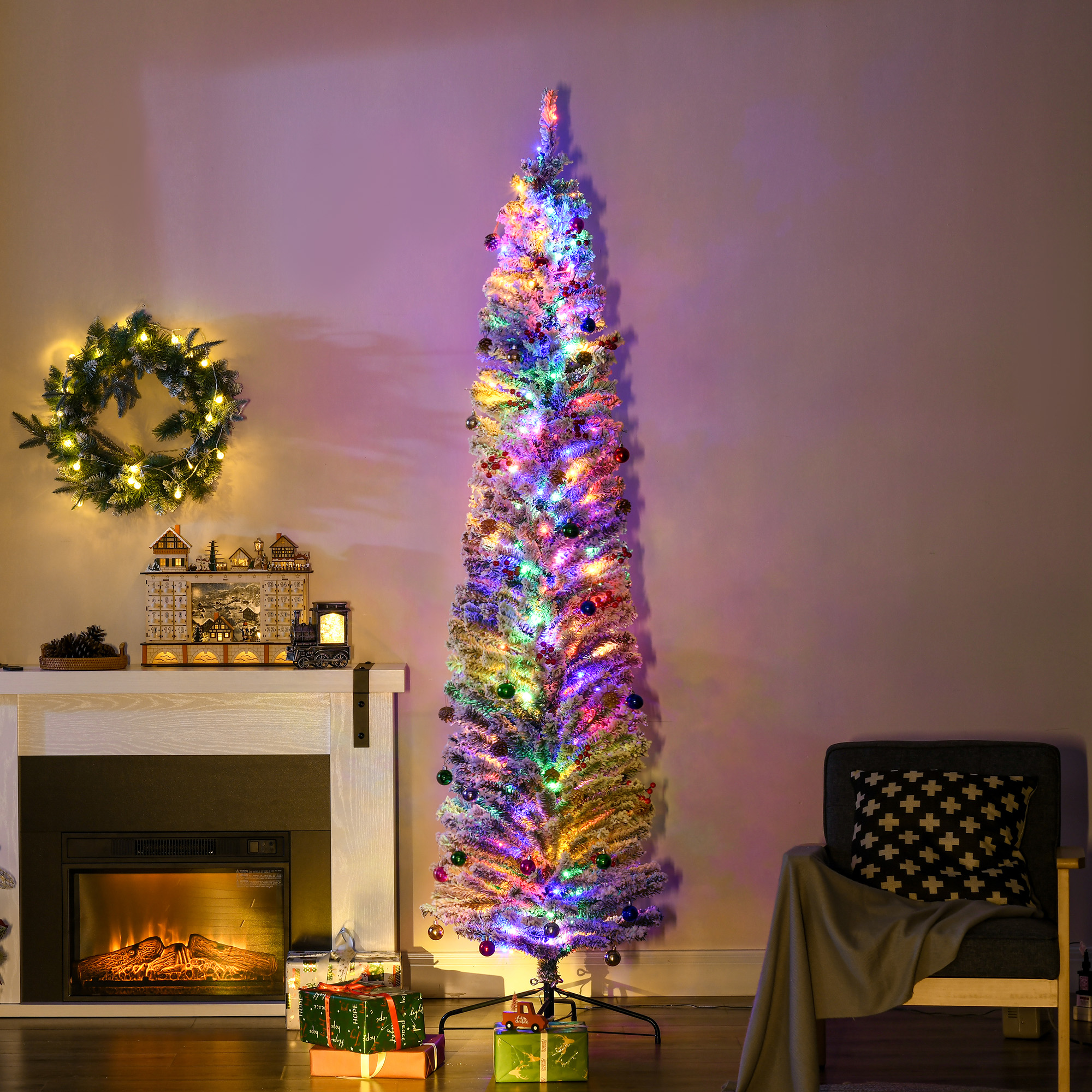 HOMCOM 7.5' Artificial Prelit Christmas Trees Holiday DÃ©cor with Warm White LED Lights, Flocked Tips, Berry, Pine Cone