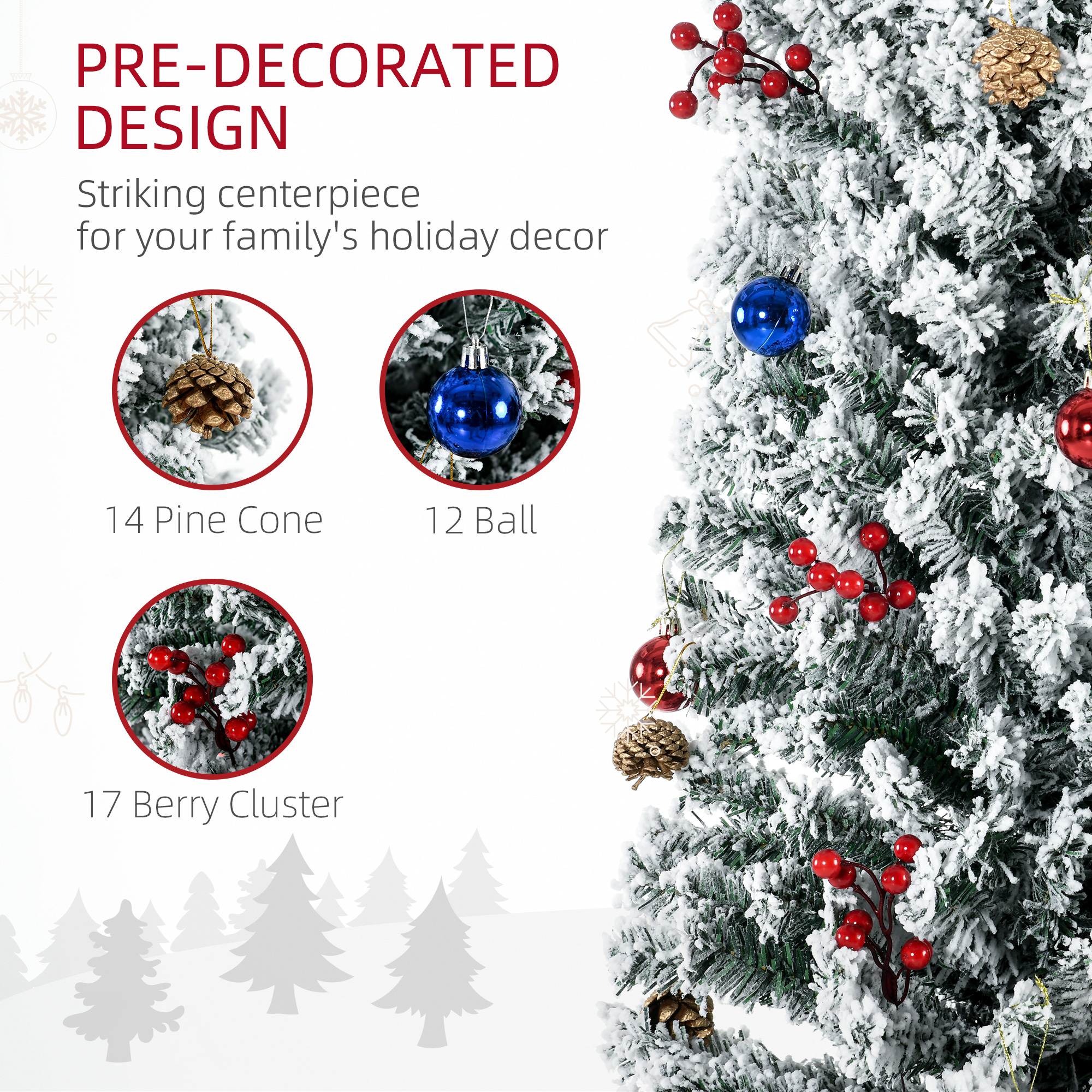 HOMCOM 7.5' Artificial Prelit Christmas Trees Holiday DÃ©cor with Warm White LED Lights, Flocked Tips, Berry, Pine Cone
