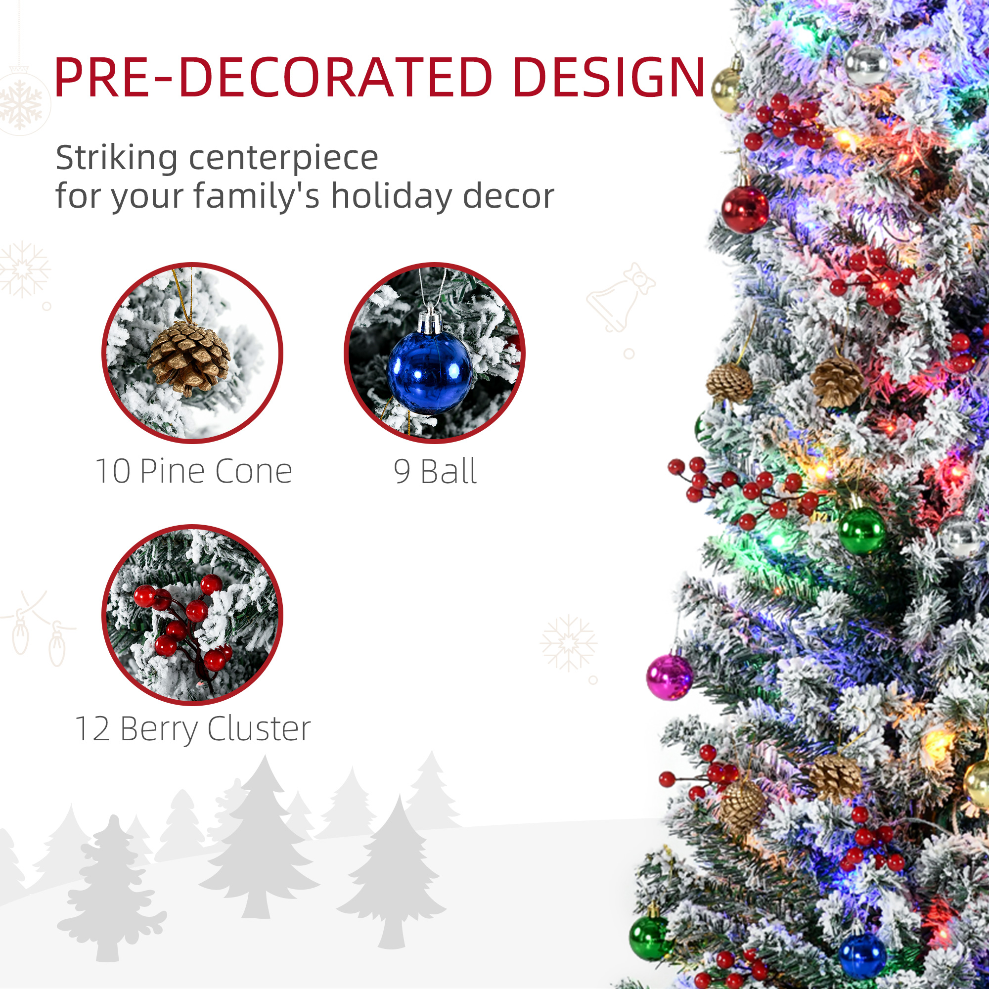 HOMCOM 6' Artificial Prelit Christmas Trees Holiday DÃ©cor with Warm White LED Lights, Flocked Tips, Berry, Pine Cone