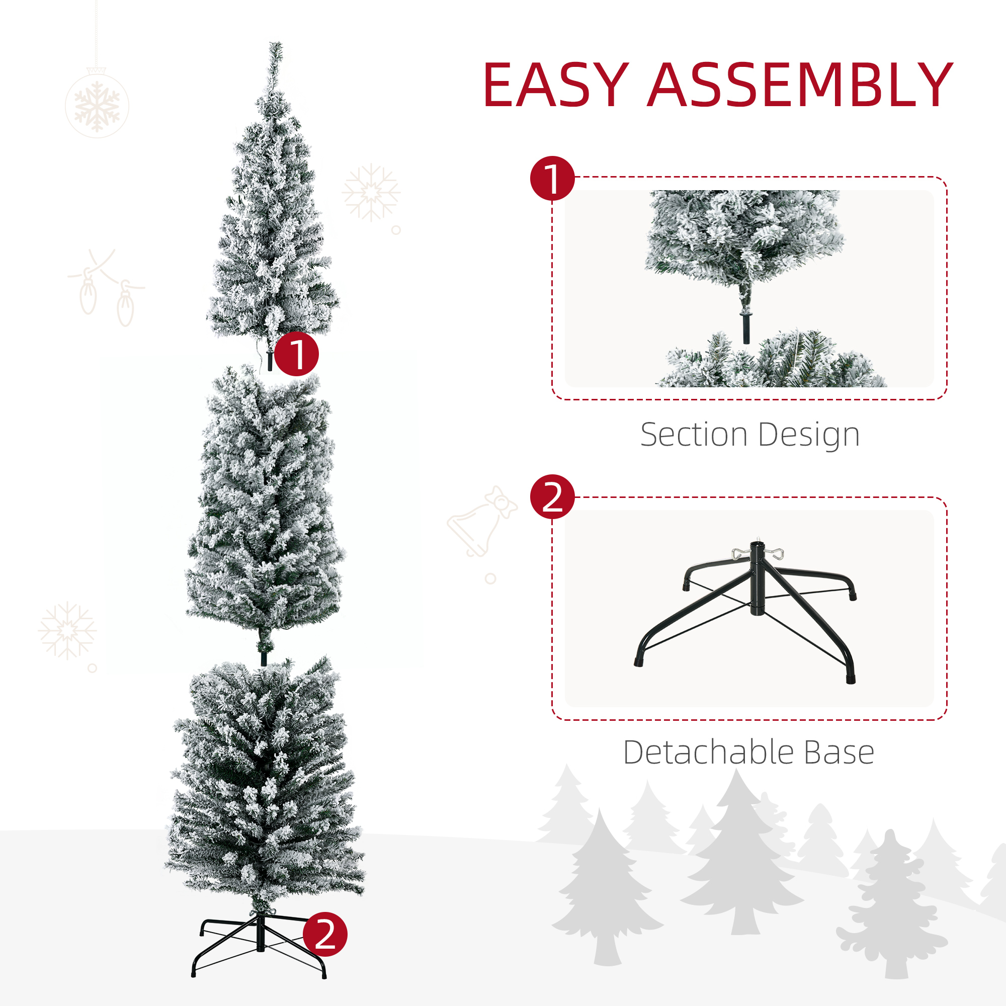 HOMCOM 7.5' Artificial Prelit Christmas Trees Holiday DÃ©cor with Warm White LED Lights, Flocked Tips, Berry, Pine Cone