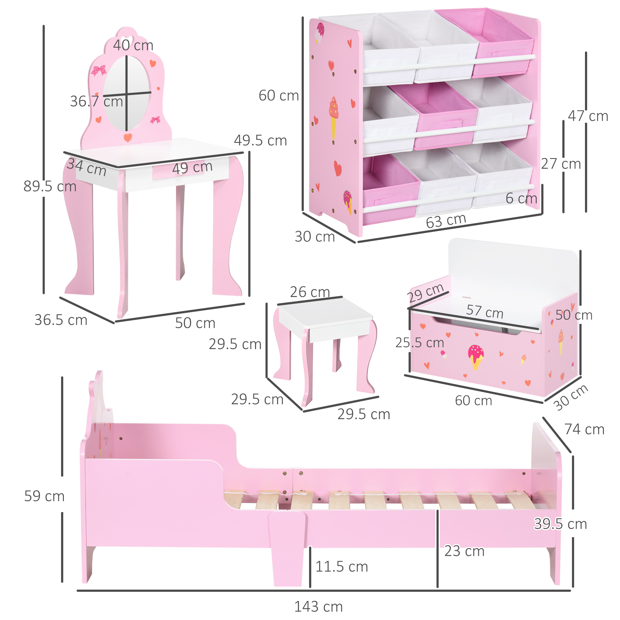 ZONEKIZ 5PCs Kids Bedroom Furniture Set with Bed, Toy Box Bench, Storage Unit, Dressing Table and Stool, Princess Themed, for 3-6 Years Old, Pink