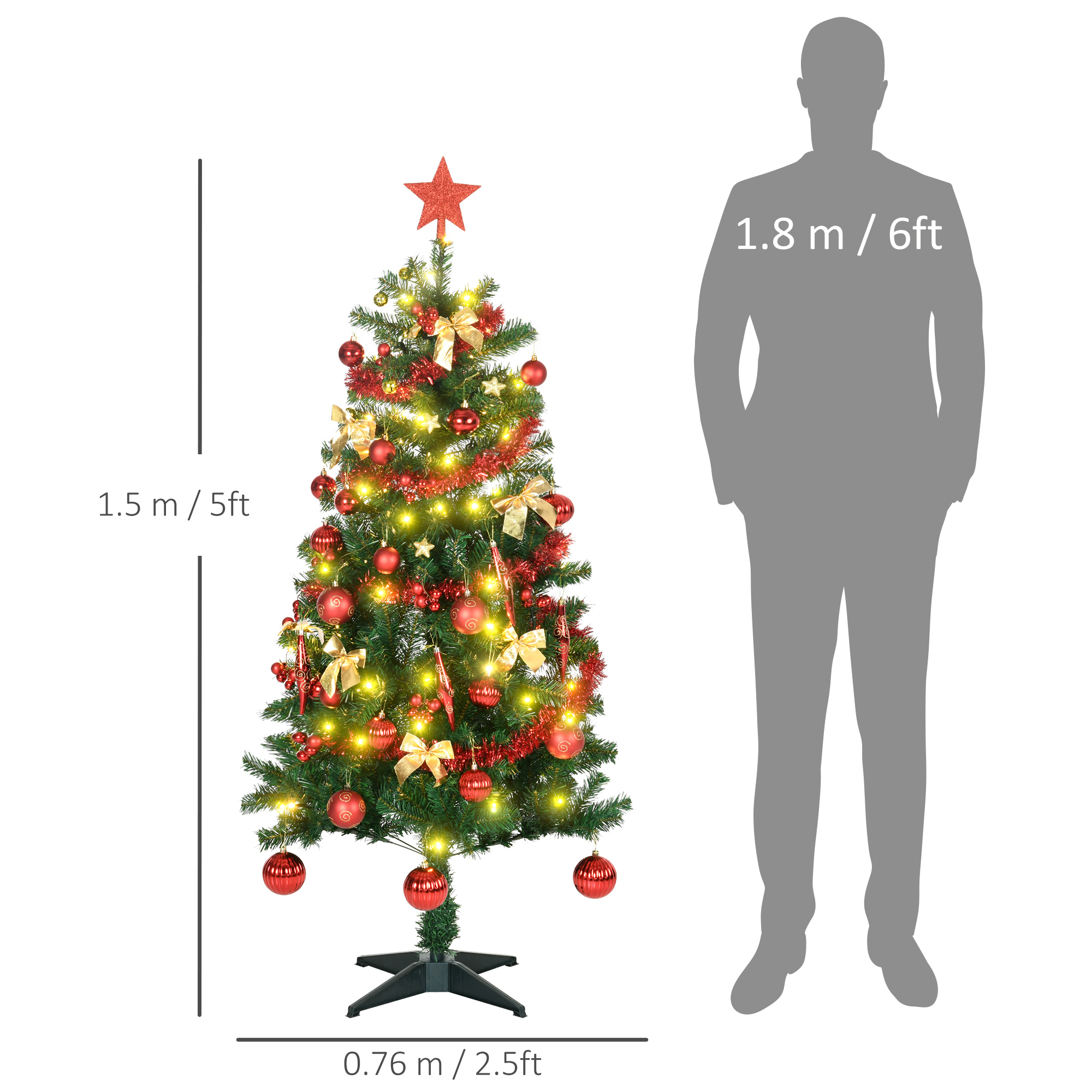 HOMCOM 5' Artificial Prelit Christmas Trees Holiday DÃ©cor with Warm White LED Lights, Auto Open, Tinsel, Ball, Star