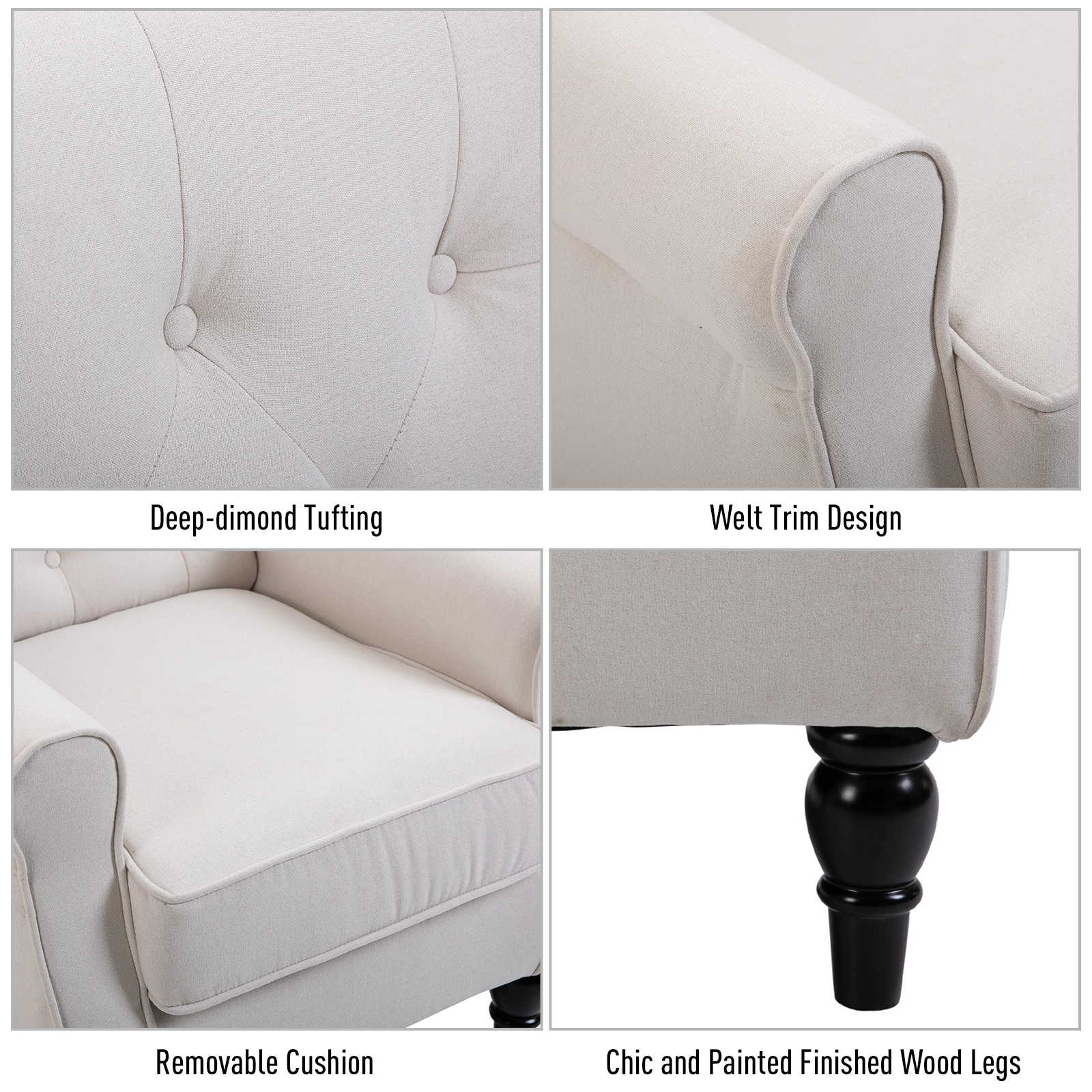 HOMCOM Wingback Accent Chair, Retro Button Tufted Upholstered Occasional Chair for Living Room, Bedroom, Cream White