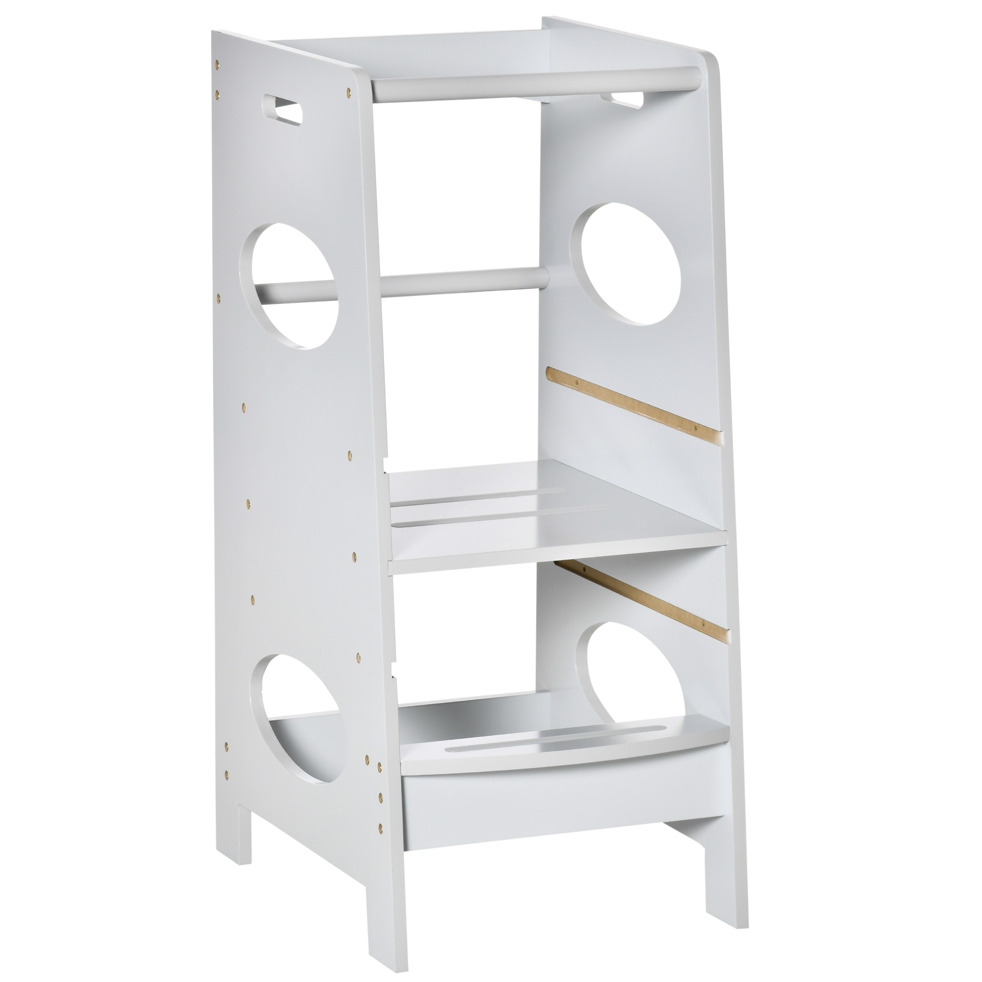 HOMCOM Torre de Aprendizaje para Niños con Pedal Altura Ajustable en 3 Posiciones y Barra de Seguridad 40x50x90 cm Gris