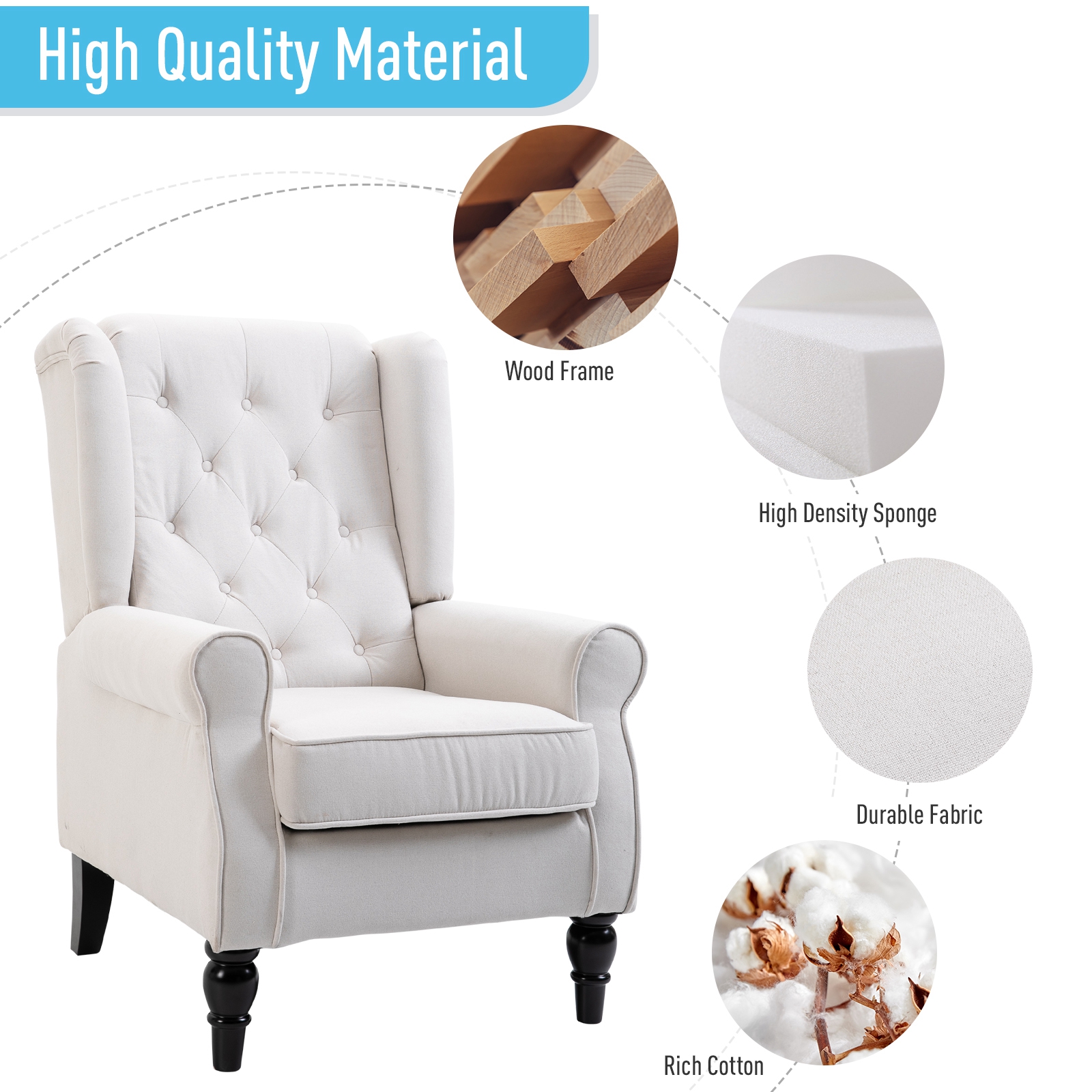 HOMCOM Wingback Accent Chair, Retro Button Tufted Upholstered Occasional Chair for Living Room, Bedroom, Cream White