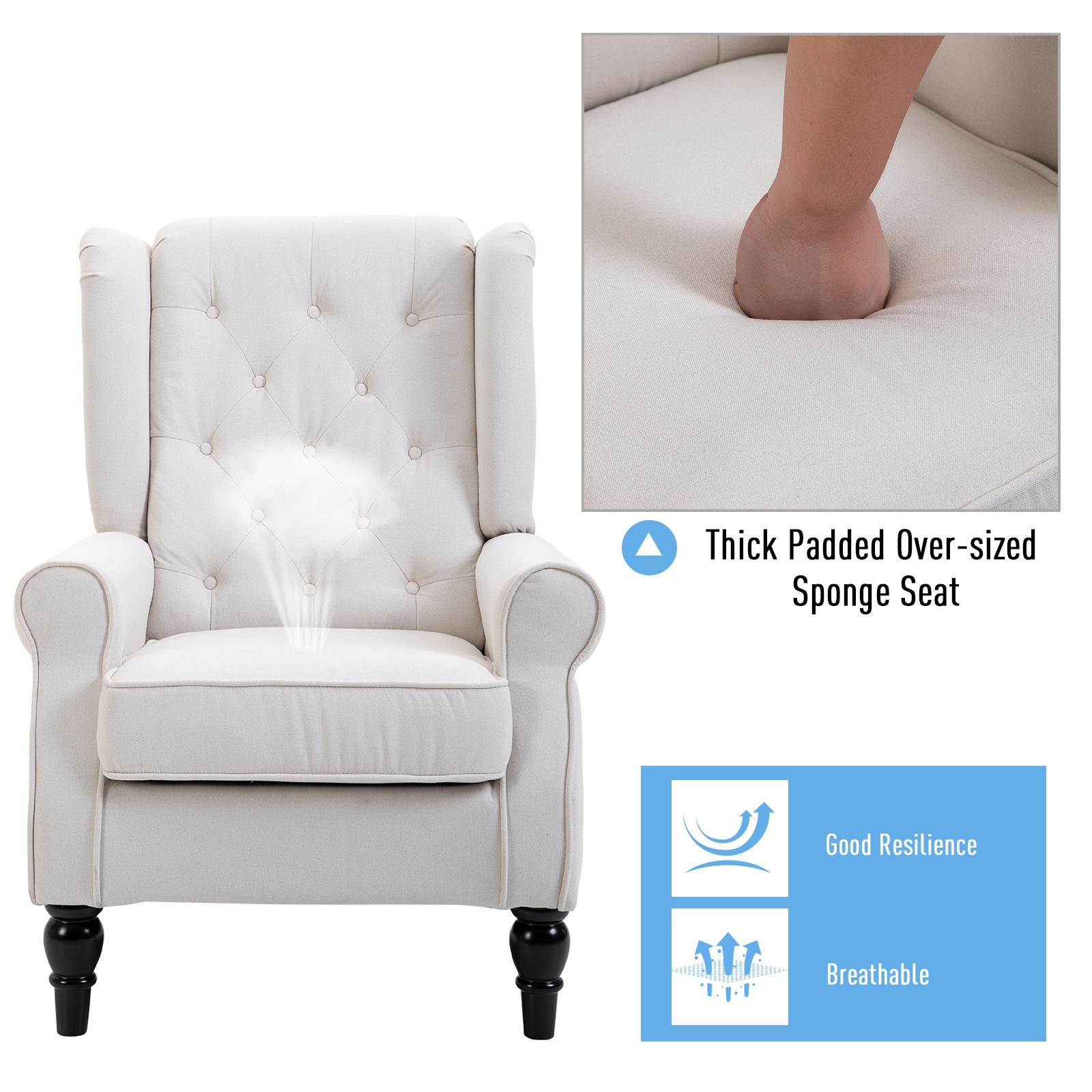 HOMCOM Wingback Accent Chair, Retro Button Tufted Upholstered Occasional Chair for Living Room, Bedroom, Cream White