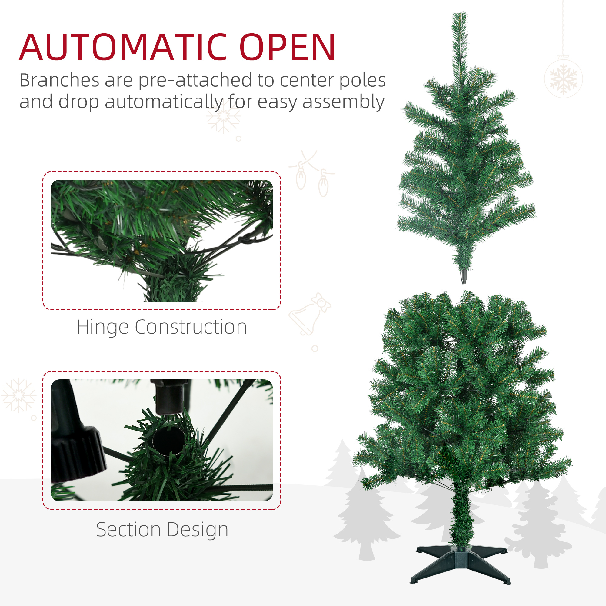 HOMCOM 5' Artificial Prelit Christmas Trees Holiday DÃ©cor with Warm White LED Lights, Auto Open, Tinsel, Ball, Star