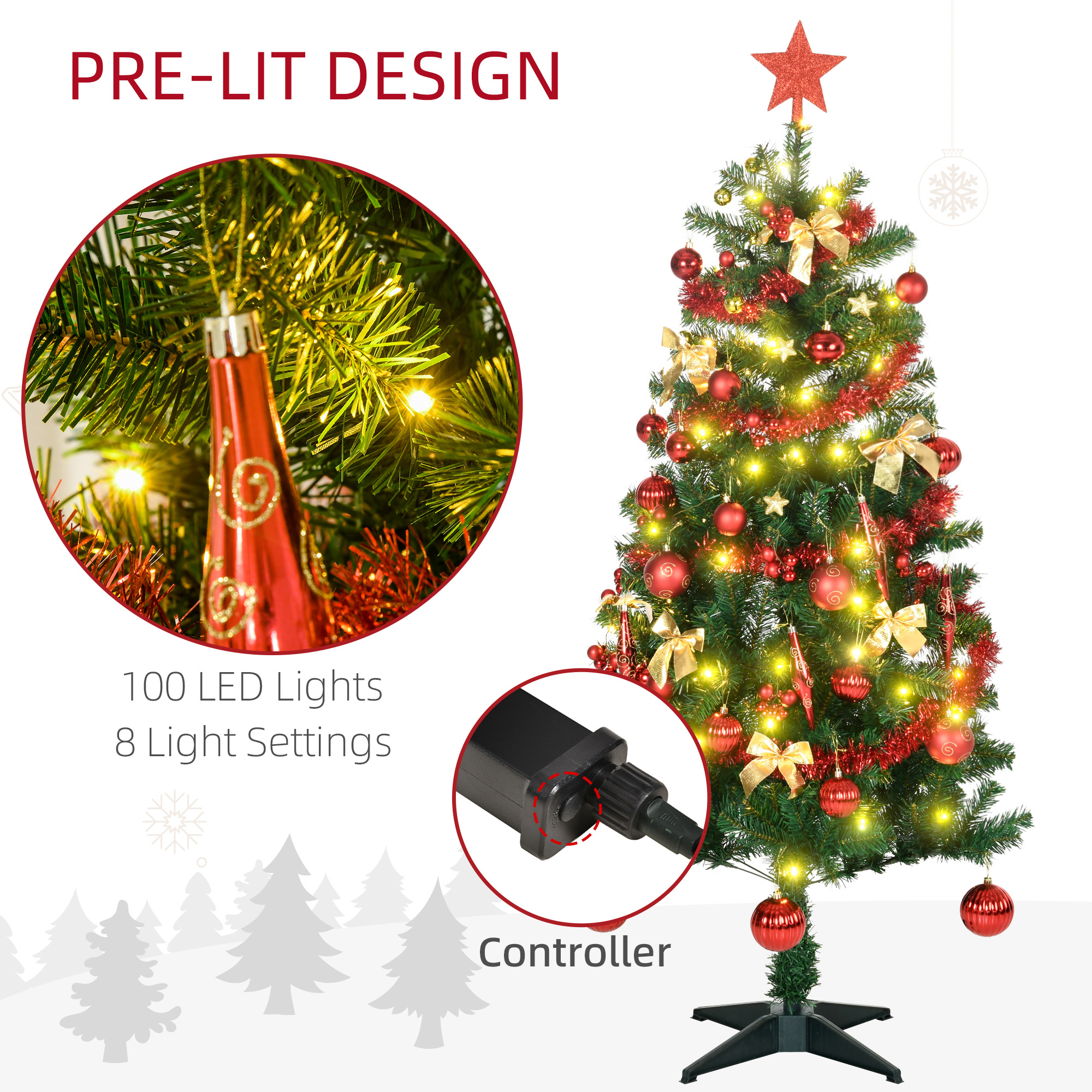 HOMCOM 5' Artificial Prelit Christmas Trees Holiday DÃ©cor with Warm White LED Lights, Auto Open, Tinsel, Ball, Star