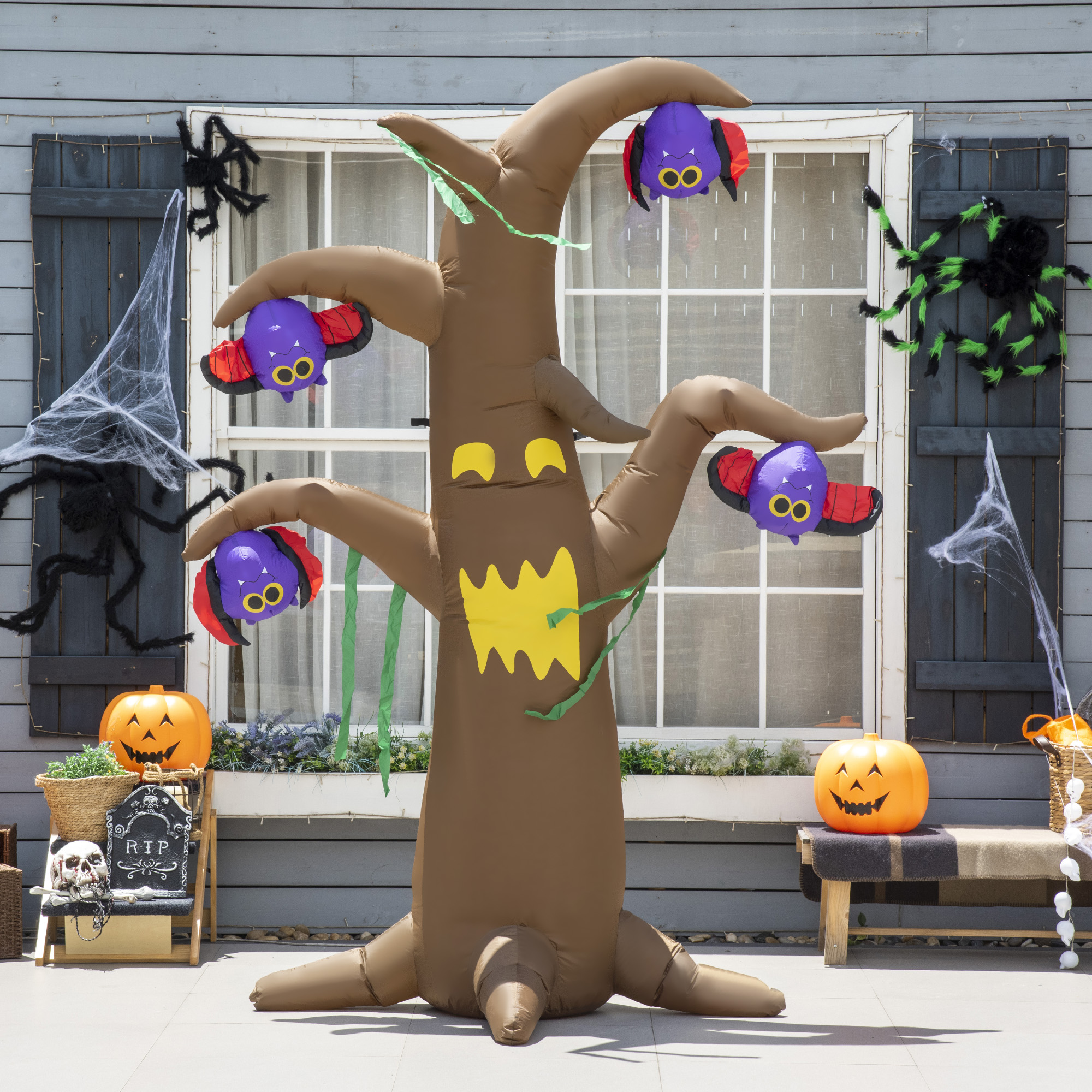 Outsunny 8ft Inflatable Halloween Ghost Tree with Upside-down Bats Showing Teeth Wings, Blow-Up Outdoor LED Display for Lawn, Garden, Party