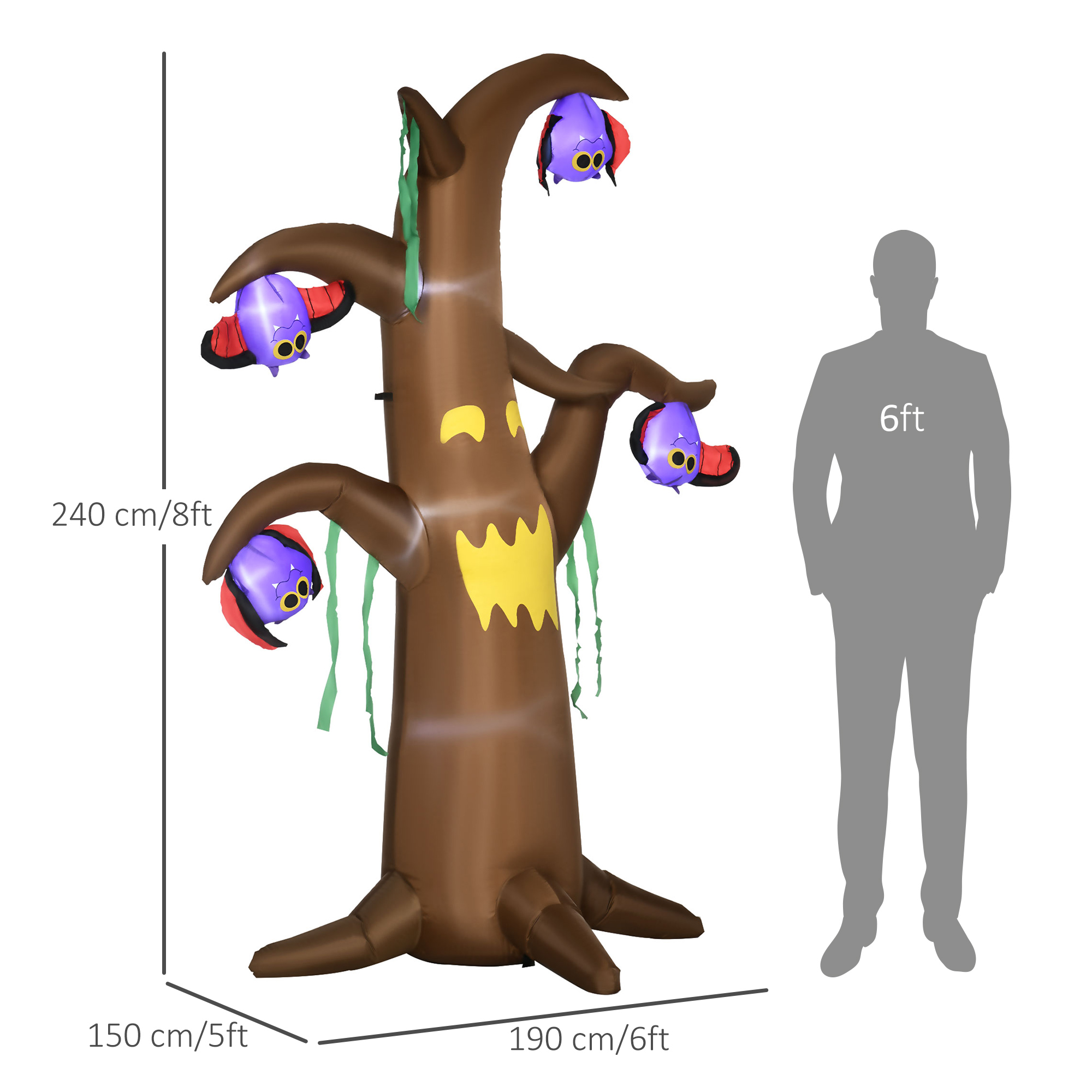 Outsunny 8ft Inflatable Halloween Ghost Tree with Upside-down Bats Showing Teeth Wings, Blow-Up Outdoor LED Display for Lawn, Garden, Party