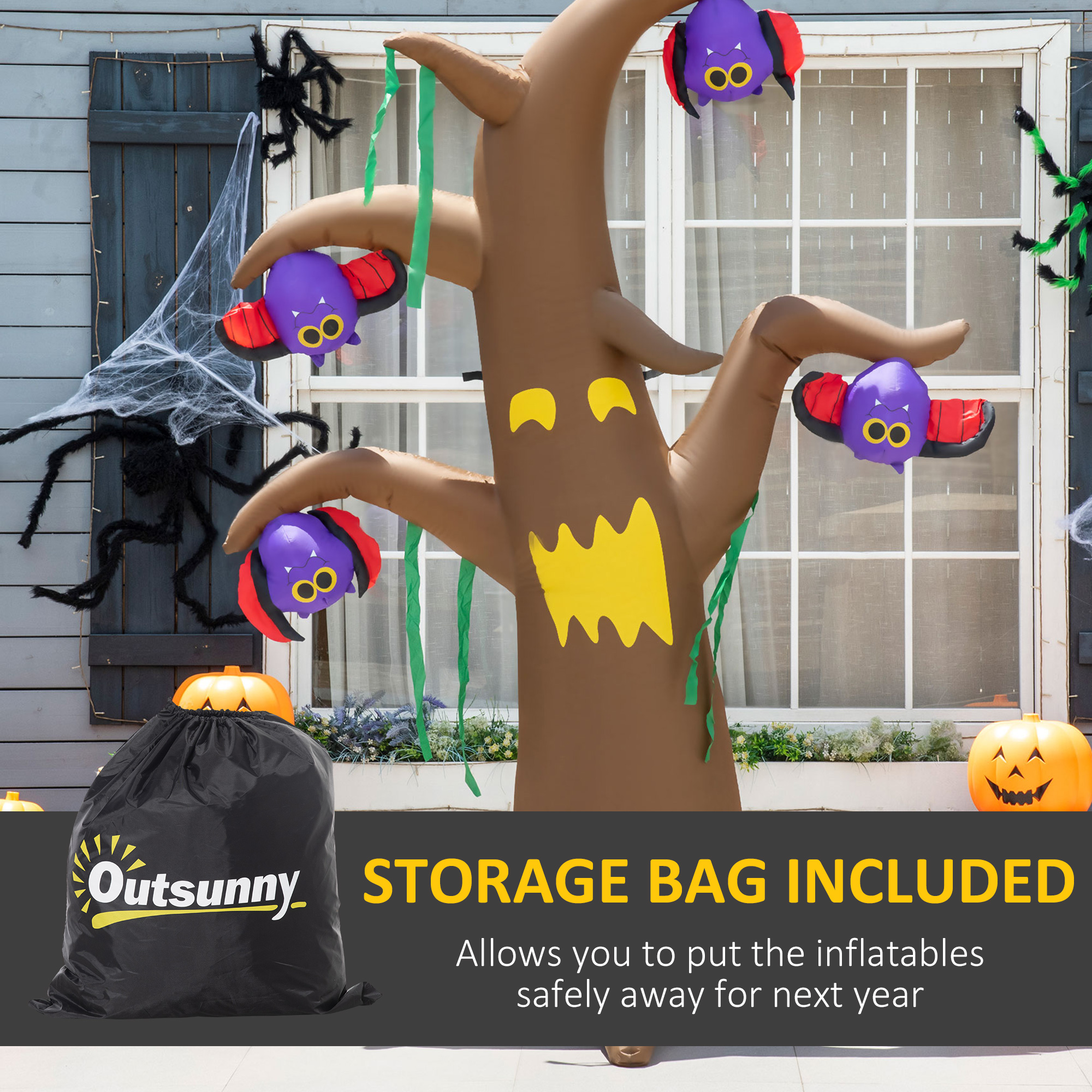 Outsunny 8ft Inflatable Halloween Ghost Tree with Upside-down Bats Showing Teeth Wings, Blow-Up Outdoor LED Display for Lawn, Garden, Party