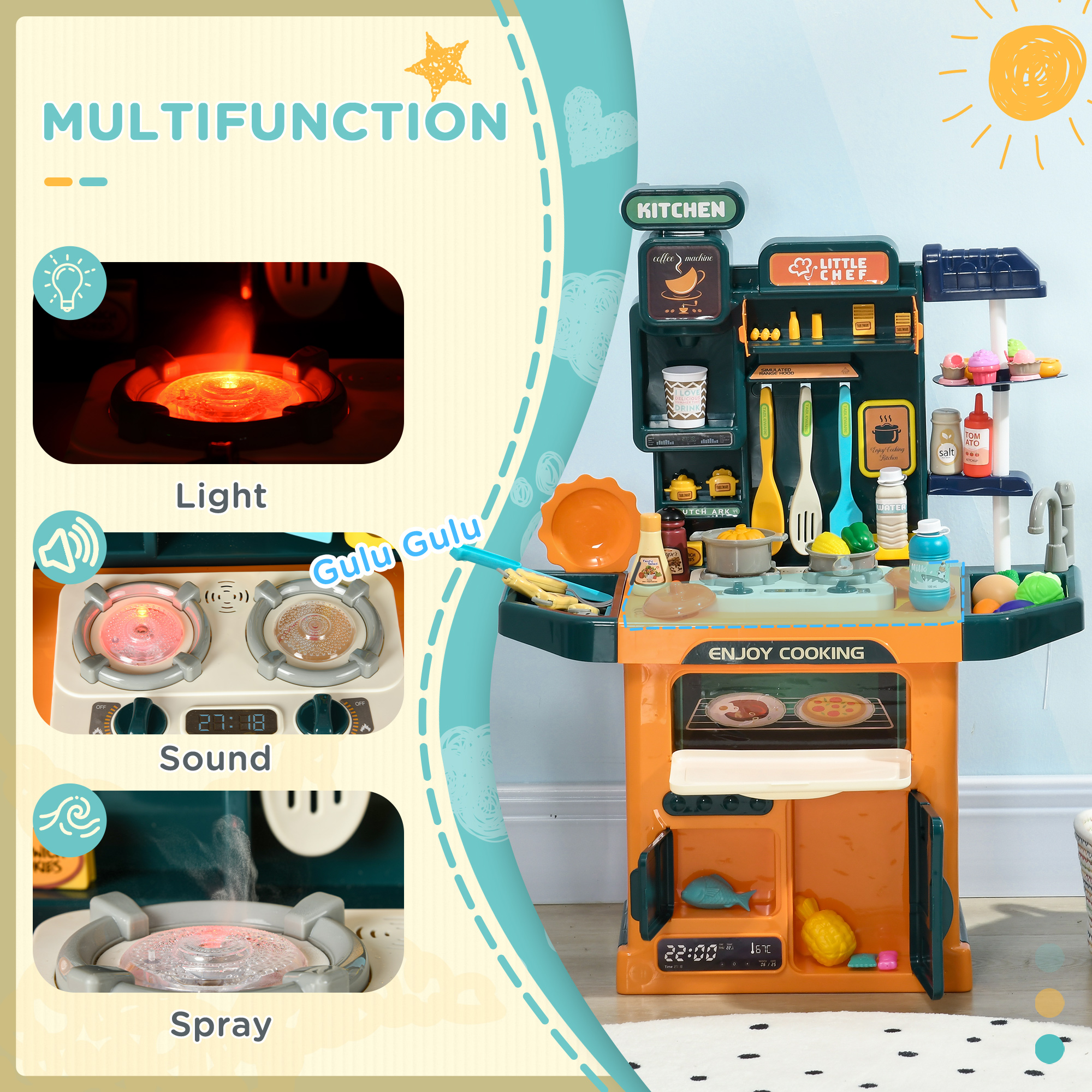 Aiyaplay Interactive Toy Kitchen Set with 77 Accessories, Features Sound, Light, and Water Spray Functions for Realistic Play, Multicolour