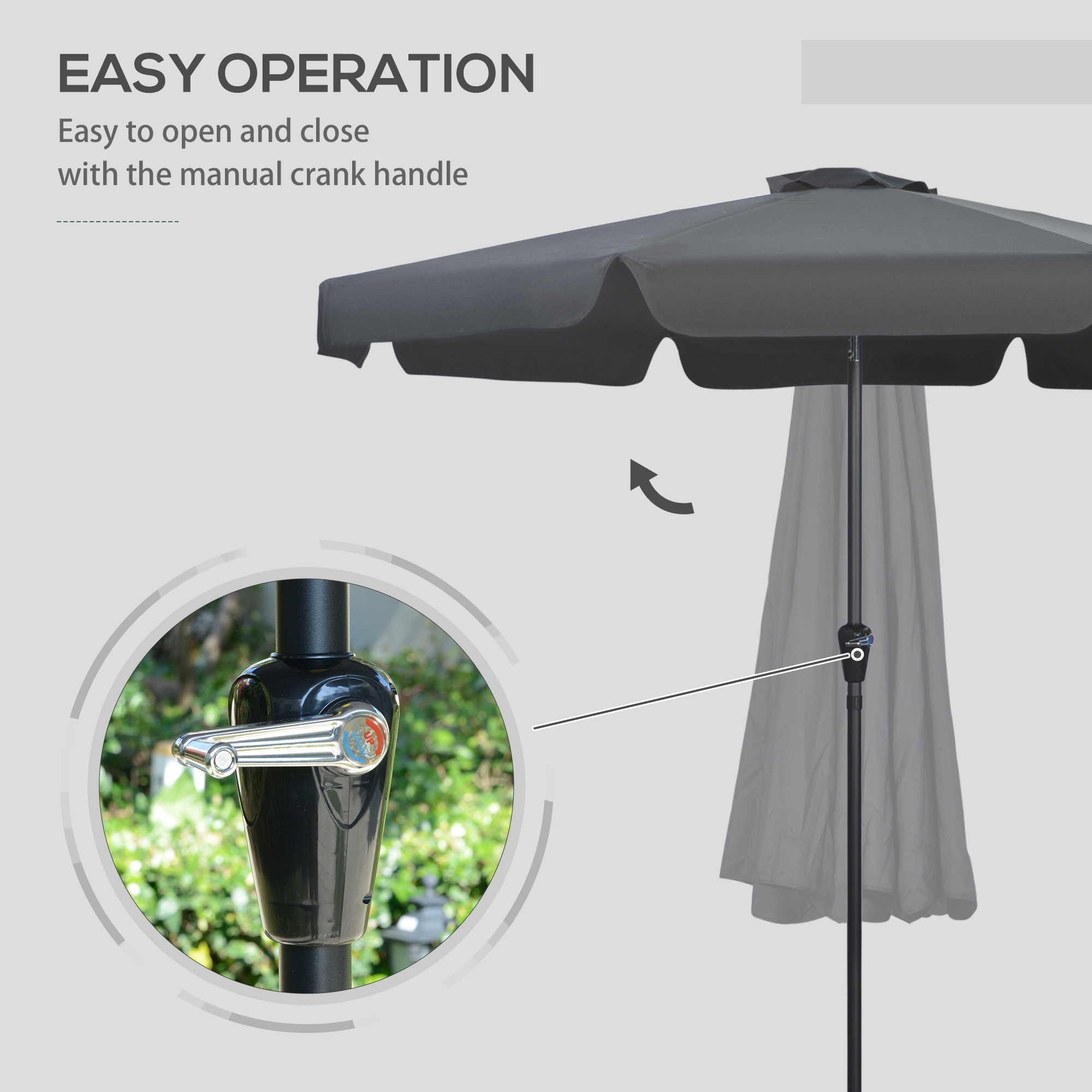 Outsunny 2.7m Garden Parasol, Outdoor Patio Sun Shade Umbrella with Tilt, Crank, 8 Ribs, Ruffles, Black