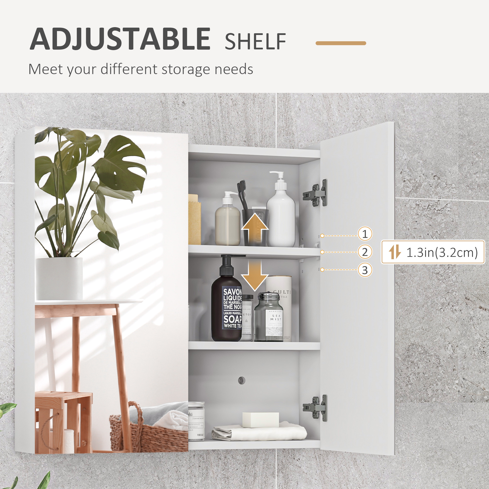 Kleankin Bathroom Storage Cupboard, Double Door Mirror Cabinet Wall Mounted with Adjustable Shelf, High Gloss White, 60W x 15D x 60H cm.
