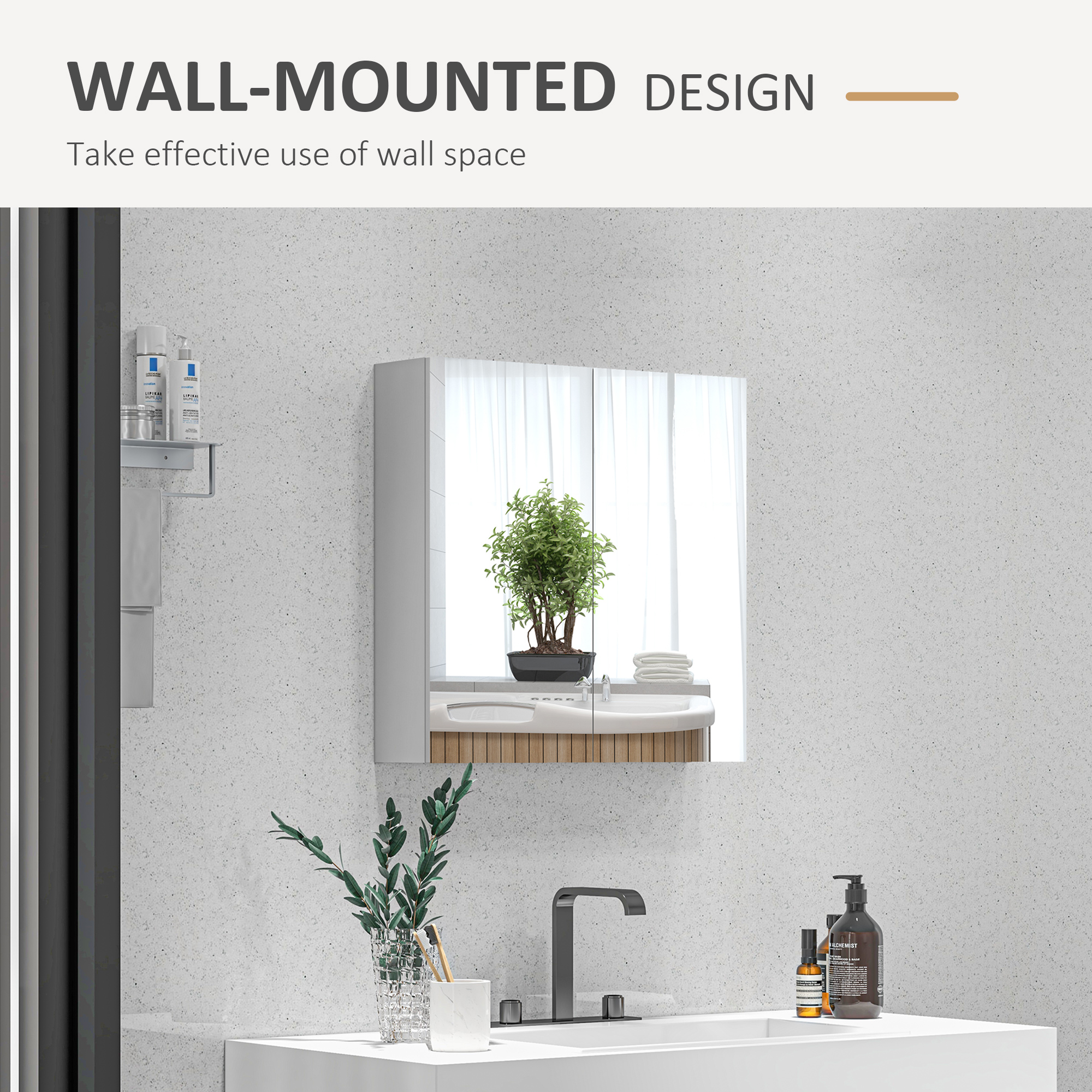 Kleankin Bathroom Storage Cupboard, Double Door Mirror Cabinet Wall Mounted with Adjustable Shelf, High Gloss White, 60W x 15D x 60H cm.
