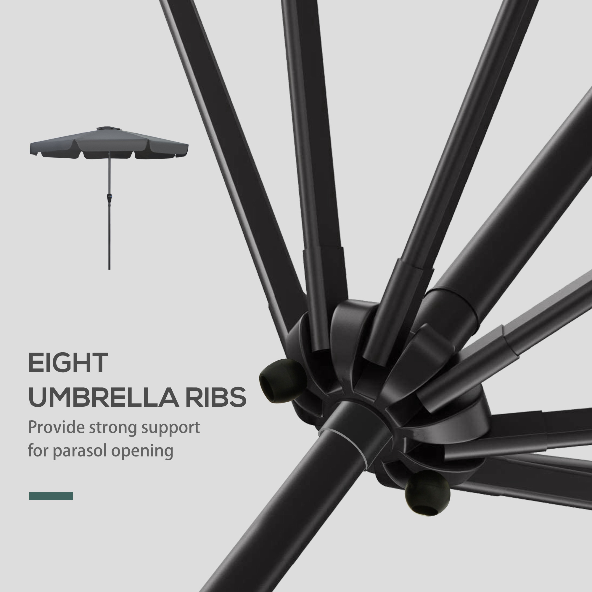 Outsunny 2.7m Garden Parasol, Outdoor Patio Sun Shade Umbrella with Tilt, Crank, 8 Ribs, Ruffles, Black
