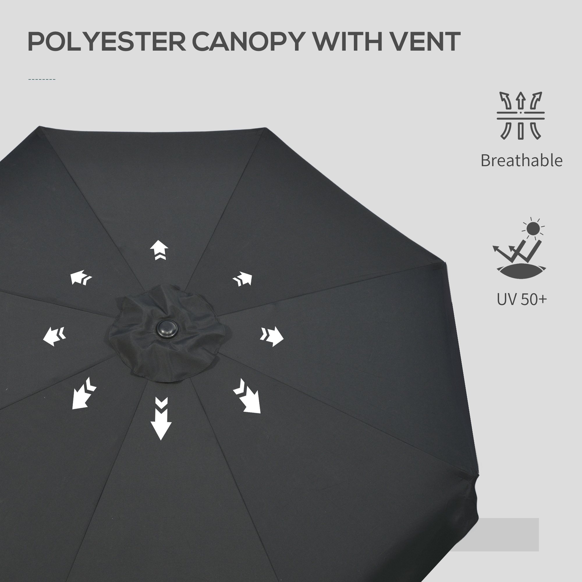 Outsunny 2.7m Garden Parasol, Outdoor Patio Sun Shade Umbrella with Tilt, Crank, 8 Ribs, Ruffles, Black
