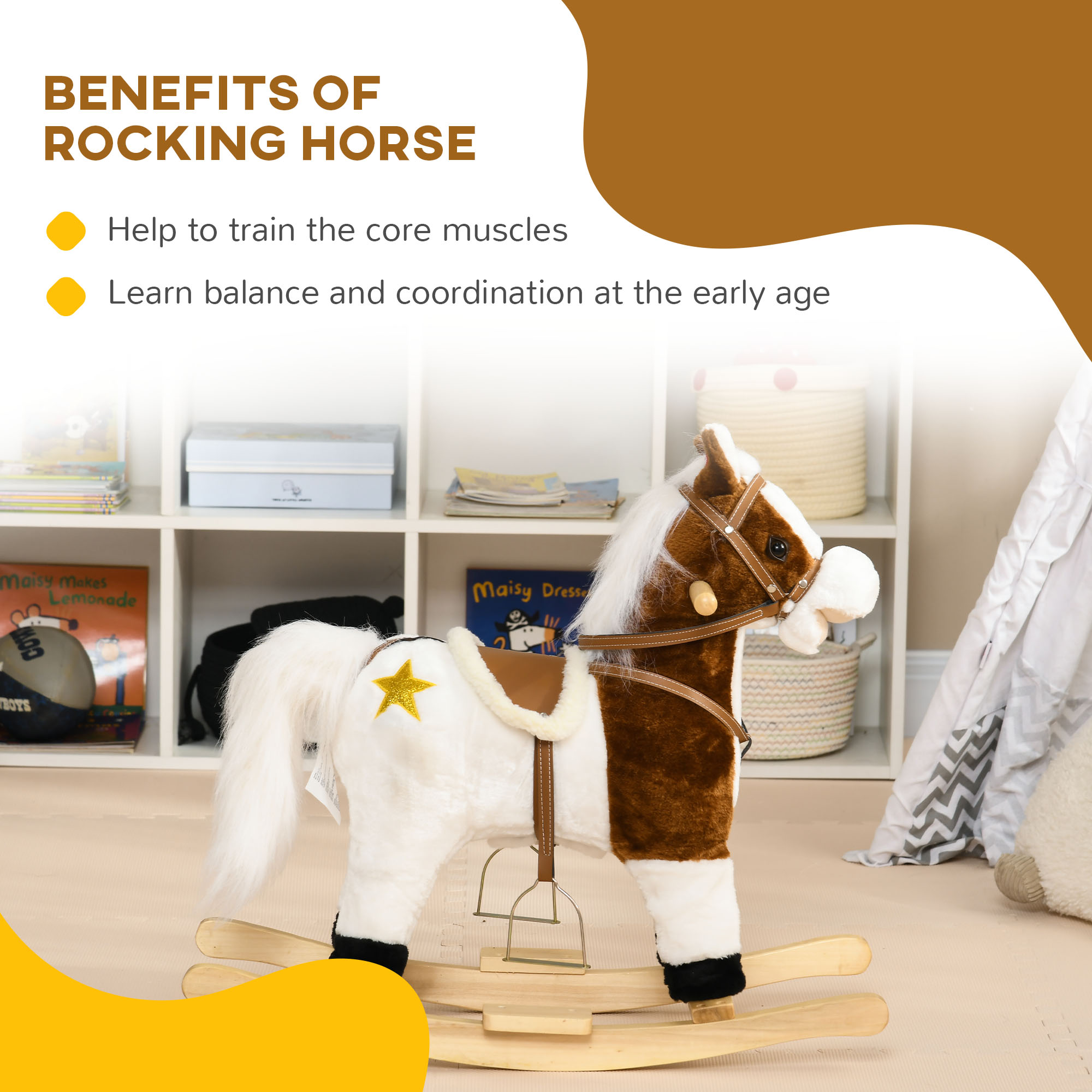 HOMCOM Rocking Horse with Music Sound, Ride On Horse with Saddle Gift for 3-6 Years Old Girl and Boy, Brown