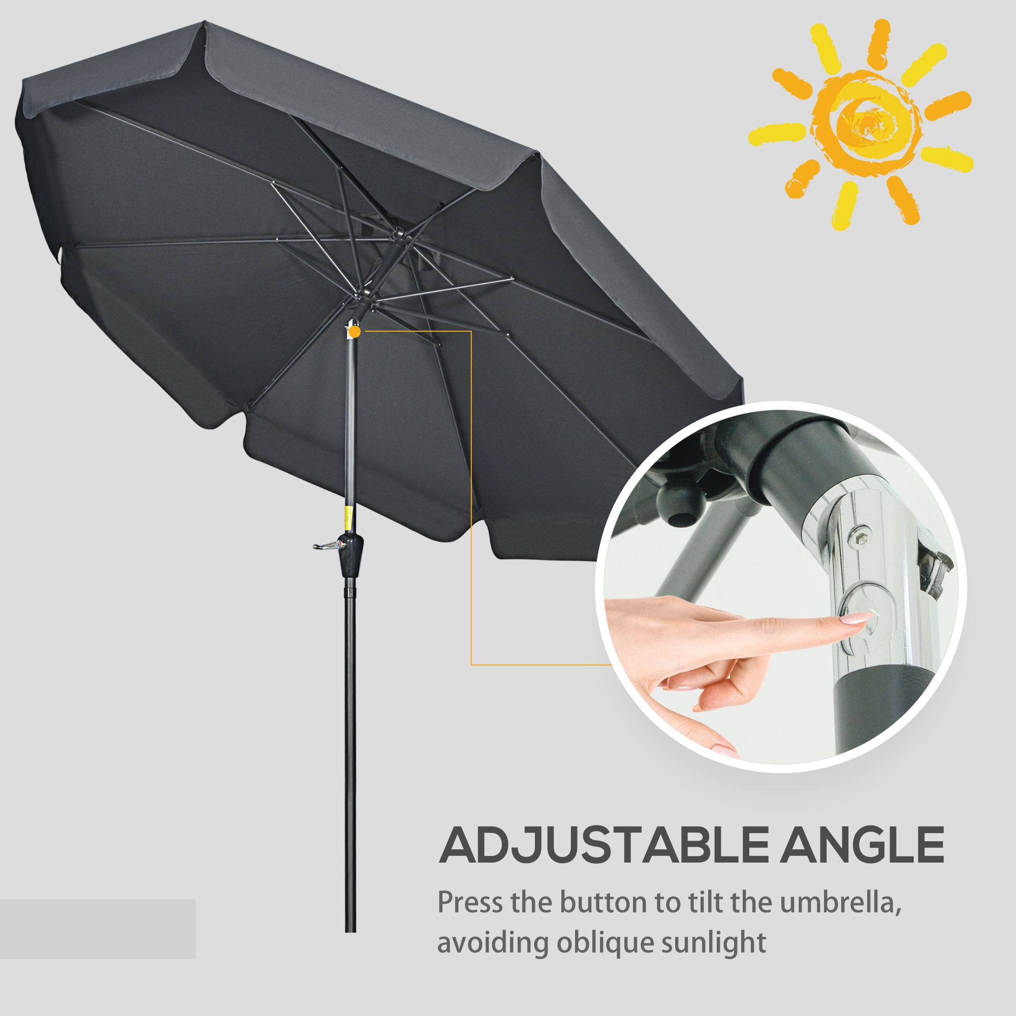 Outsunny 2.7m Garden Parasol, Outdoor Patio Sun Shade Umbrella with Tilt, Crank, 8 Ribs, Ruffles, Black