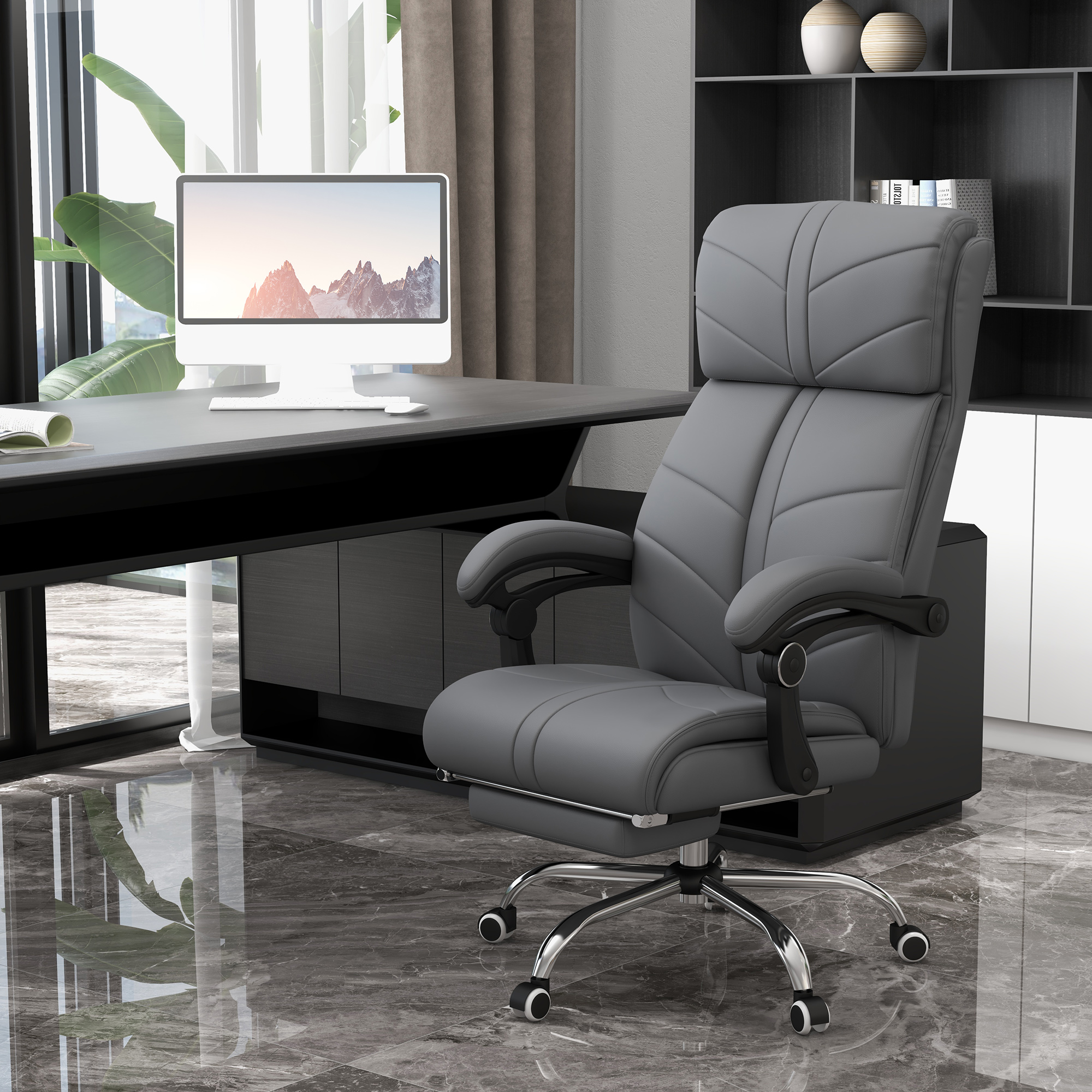 Vinsetto Vibration Massage Office Chair with Heat, PU Leather Computer Chair with Footrest, Armrest, Reclining Back, Grey