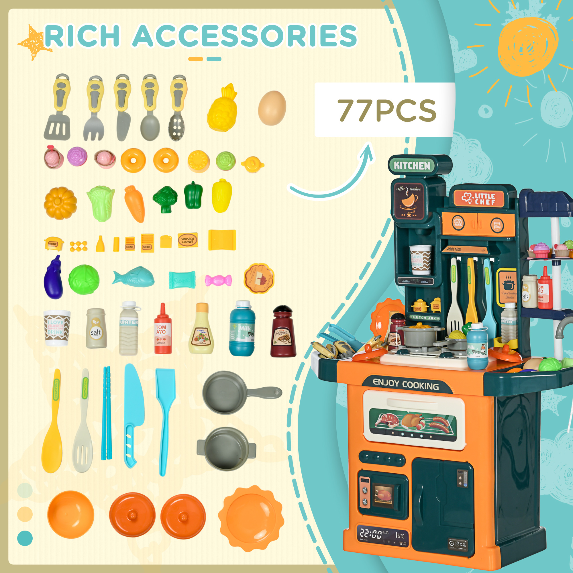Aiyaplay Interactive Toy Kitchen Set with 77 Accessories, Features Sound, Light, and Water Spray Functions for Realistic Play, Multicolour
