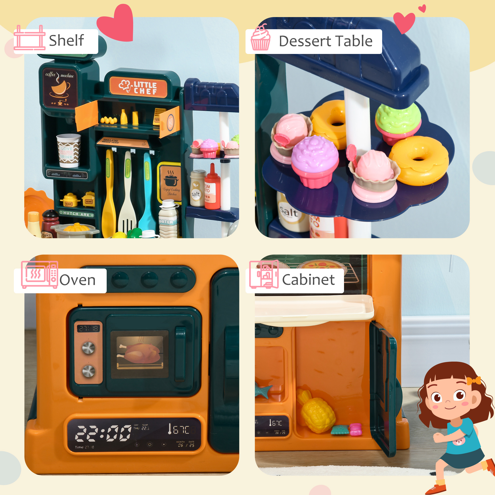 Aiyaplay Interactive Toy Kitchen Set with 77 Accessories, Features Sound, Light, and Water Spray Functions for Realistic Play, Multicolour