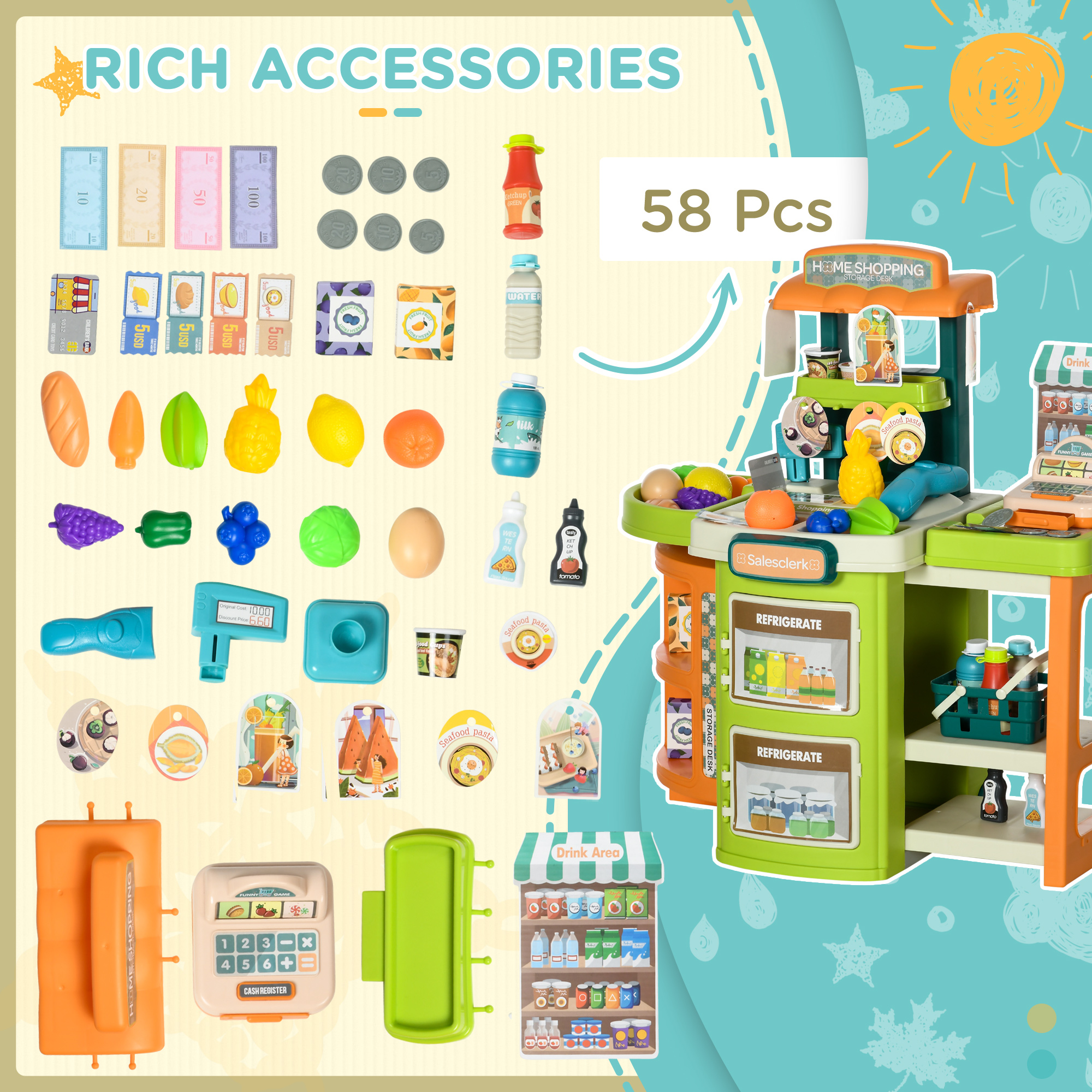 AIYAPLAY Children's Cash Register, 58 Pcs Foldable Toy Shop Trolley, Pretend Play Set with Scanner, Food & Vegetable, for Ages 3-6