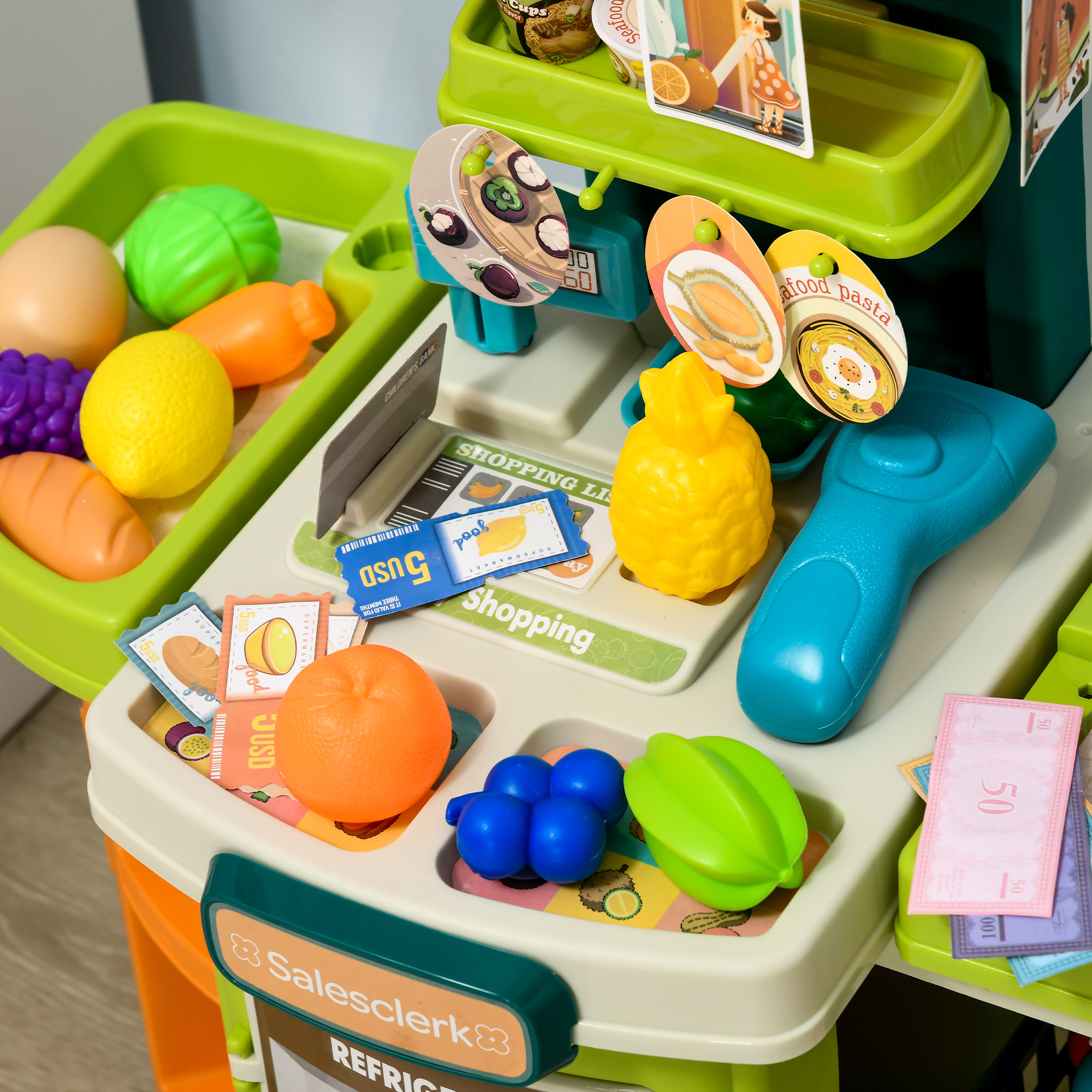 AIYAPLAY Children's Cash Register, 58 Pcs Foldable Toy Shop Trolley, Pretend Play Set with Scanner, Food & Vegetable, for Ages 3-6