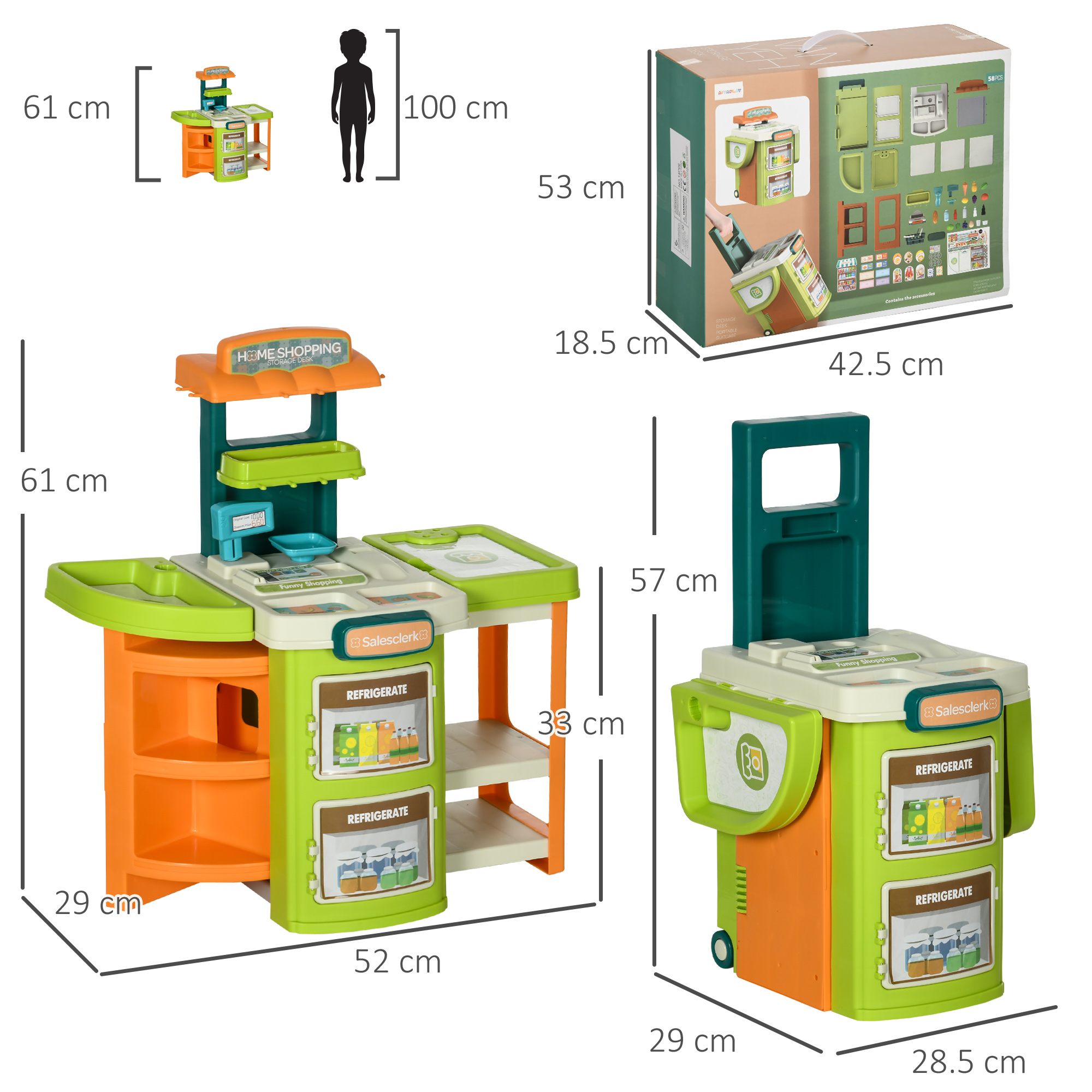 AIYAPLAY Children's Cash Register, 58 Pcs Foldable Toy Shop Trolley, Pretend Play Set with Scanner, Food & Vegetable, for Ages 3-6