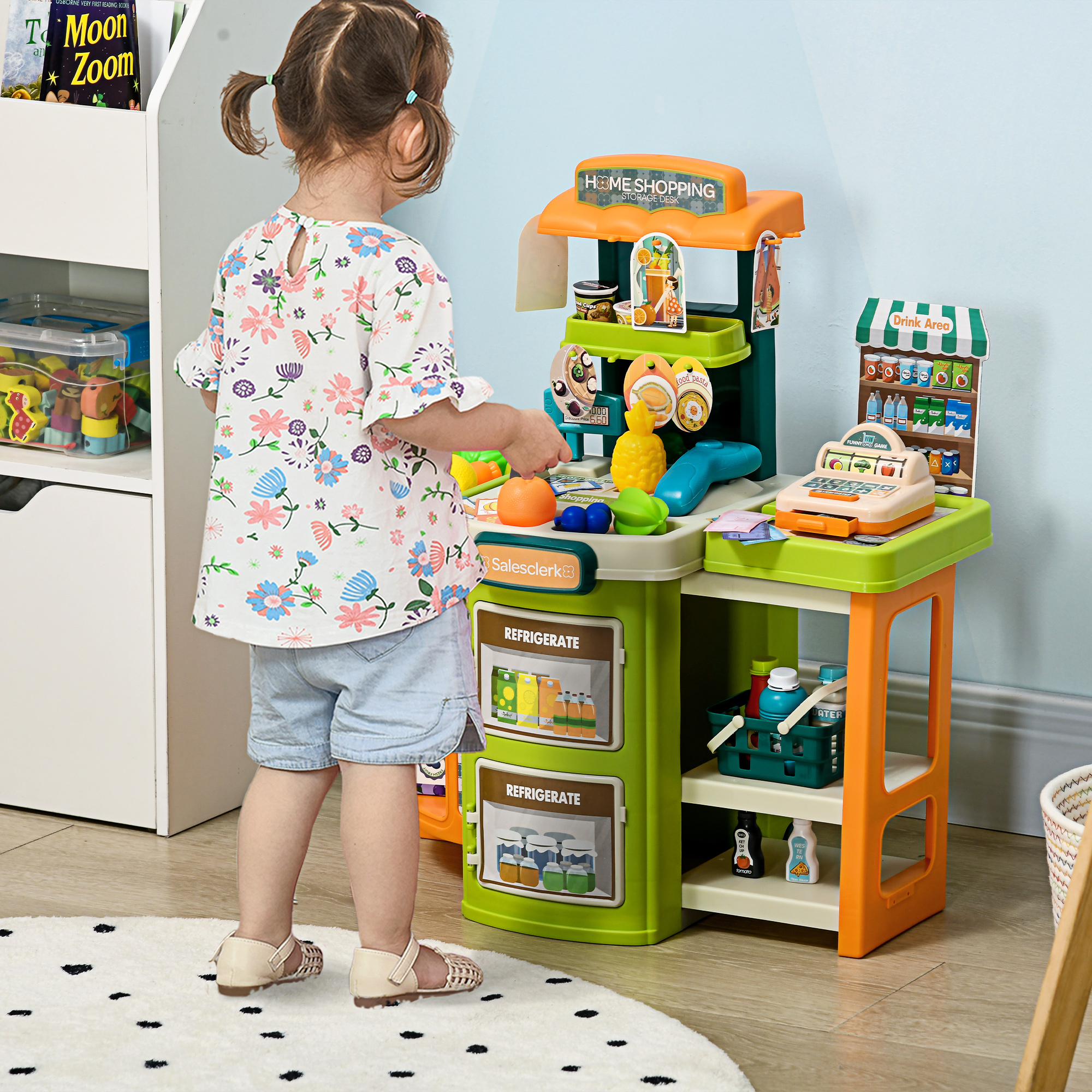 AIYAPLAY Children's Cash Register, 58 Pcs Foldable Toy Shop Trolley, Pretend Play Set with Scanner, Food & Vegetable, for Ages 3-6