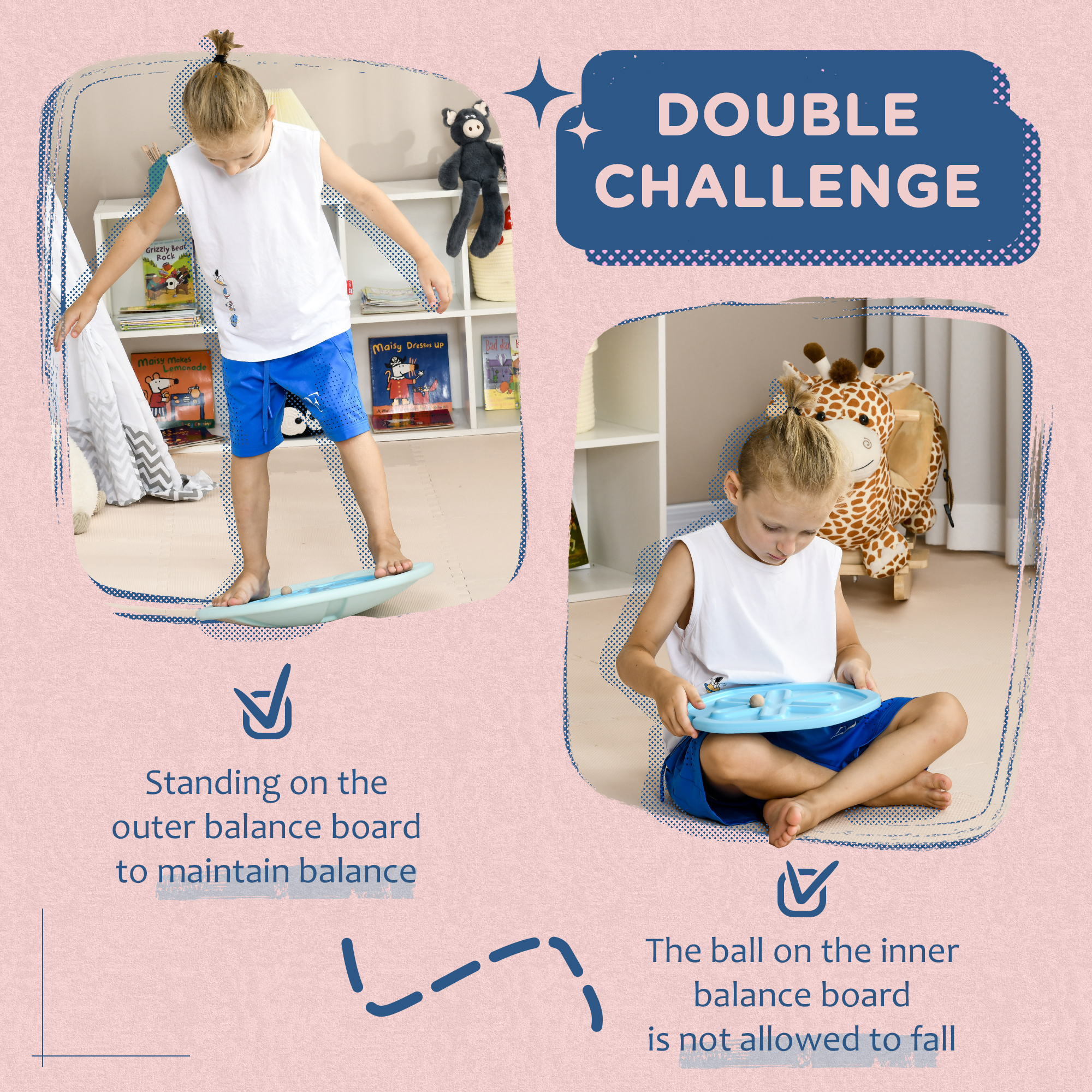 ZONEKIZ Balance Board, 2-in-1 Wobble and Stability Trainer for Kids, with Play Ball, Blue