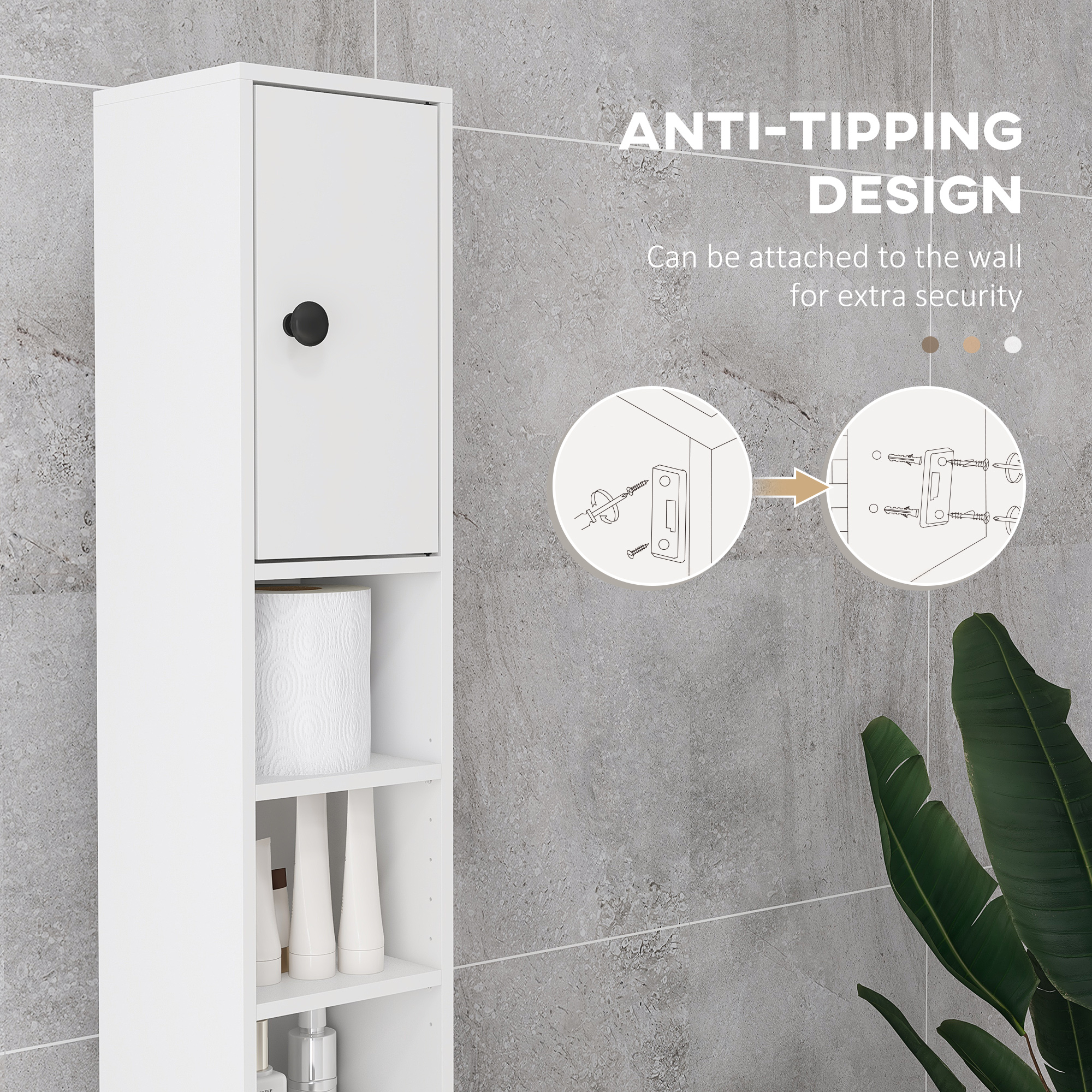 Kleankin 180cm Tall Slim Bathroom Cabinet, Narrow Toilet Roll Storage w/ Open Shelves, 2 Door Cabinets, Adjustable Shelves, for Kitchen, White