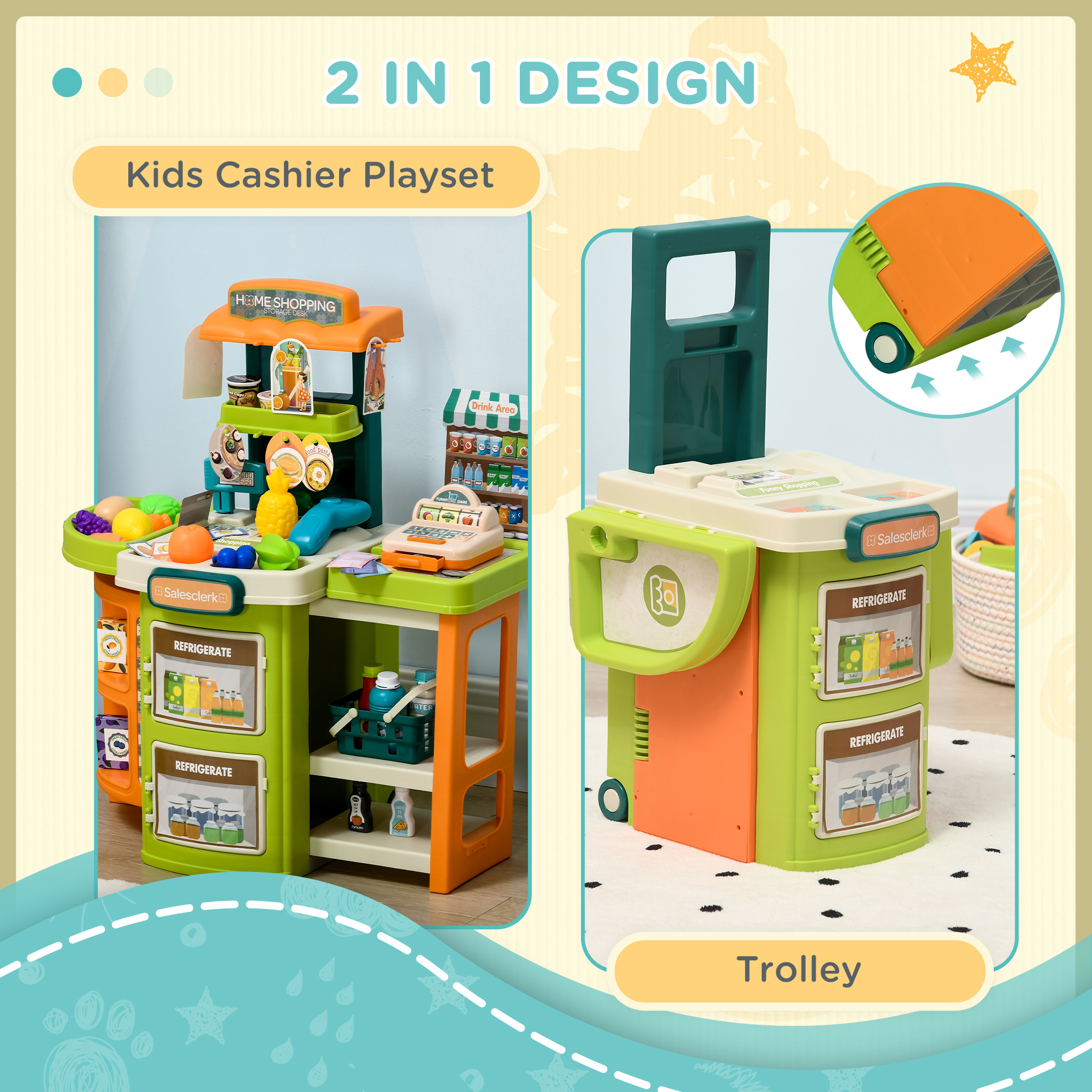 AIYAPLAY Children's Cash Register, 58 Pcs Foldable Toy Shop Trolley, Pretend Play Set with Scanner, Food & Vegetable, for Ages 3-6
