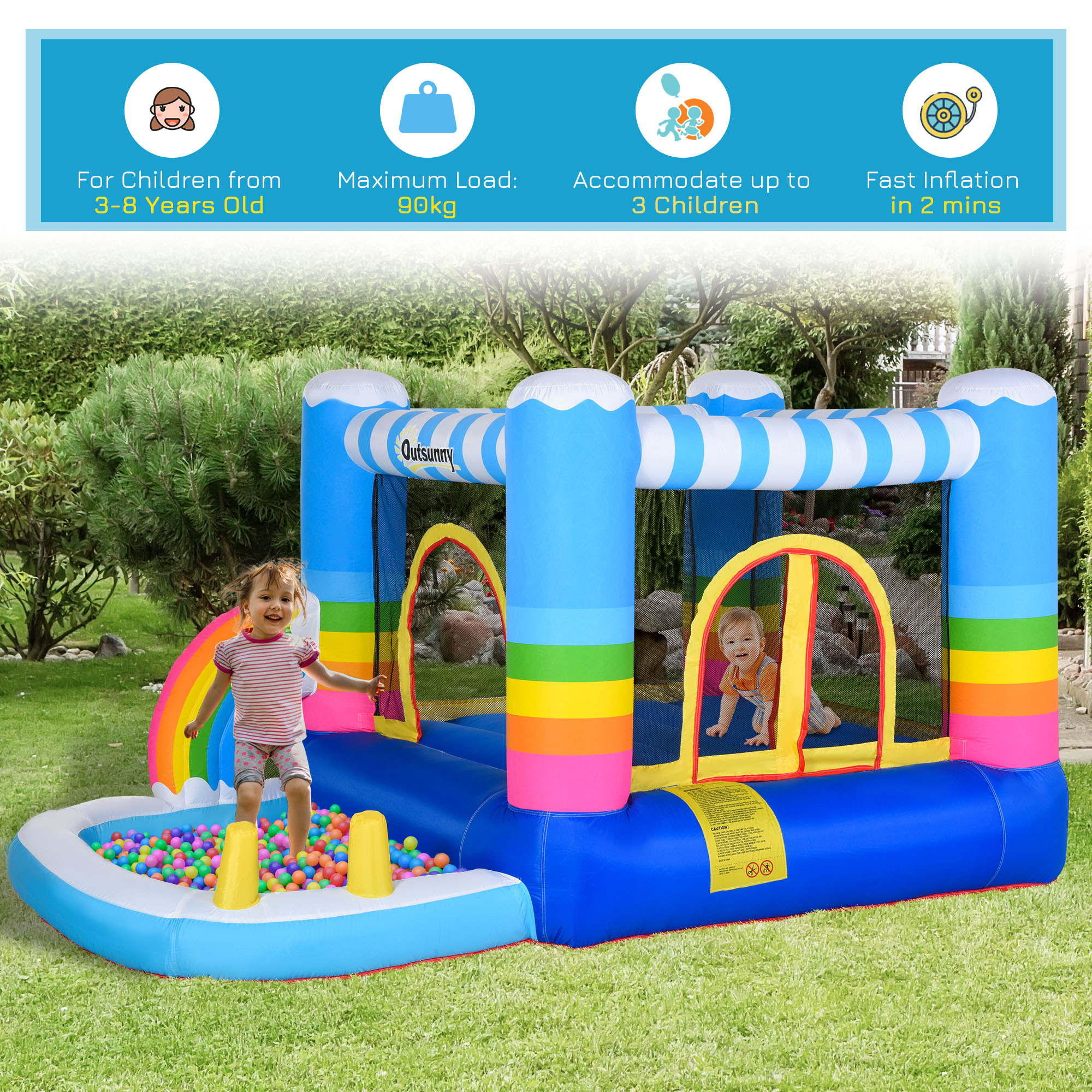 Outsunny Kids Bouncy Castle House Inflatable Trampoline Water Pool 2 in 1 with Blower for Kids Age 3-12 Rainbow Design 2.9 x 2 x 1.55m