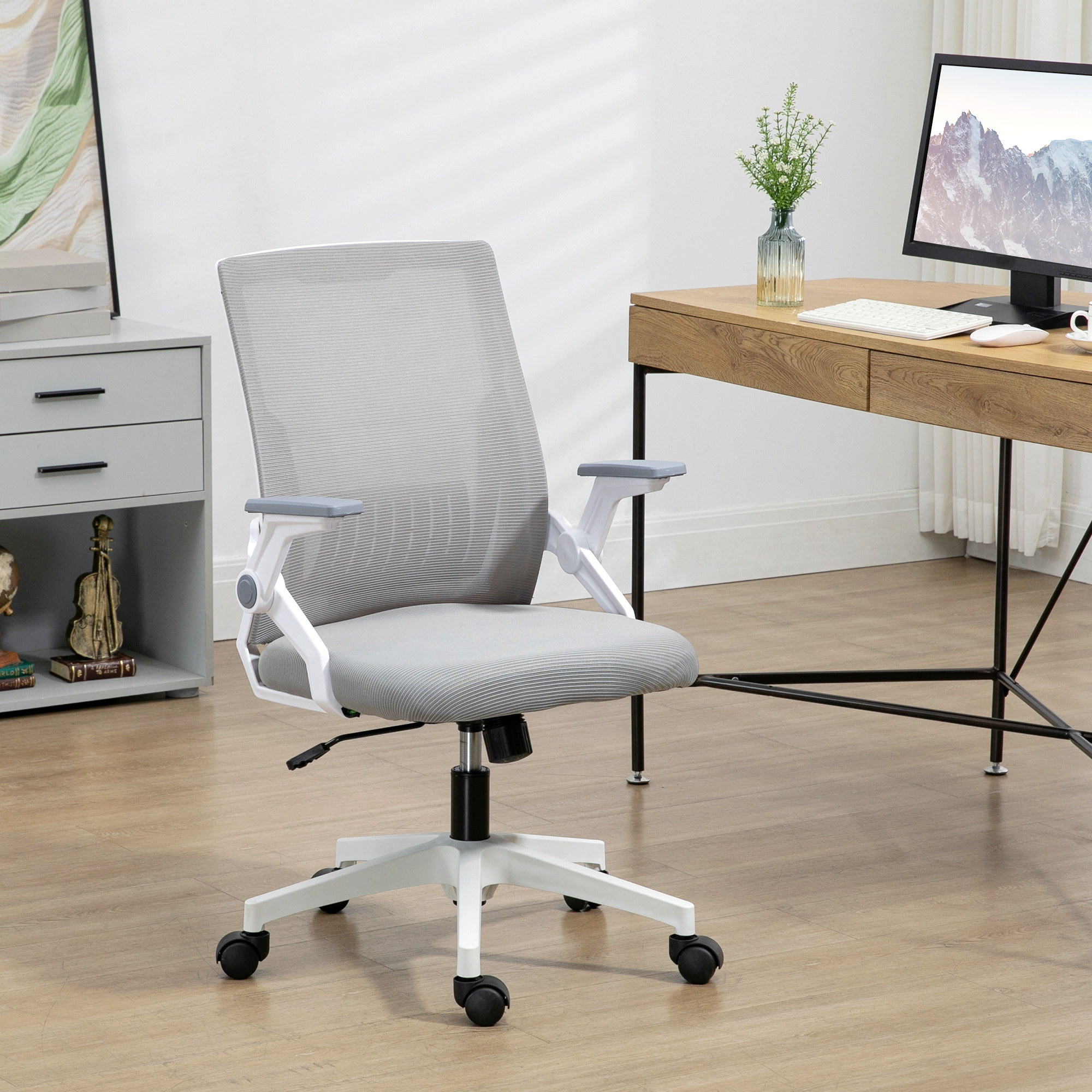 Vinsetto Ergonomic Mesh Office Chair with Lumbar Support, Adjustable Height, Flip-up Armrests, and Swivel Wheels, Grey