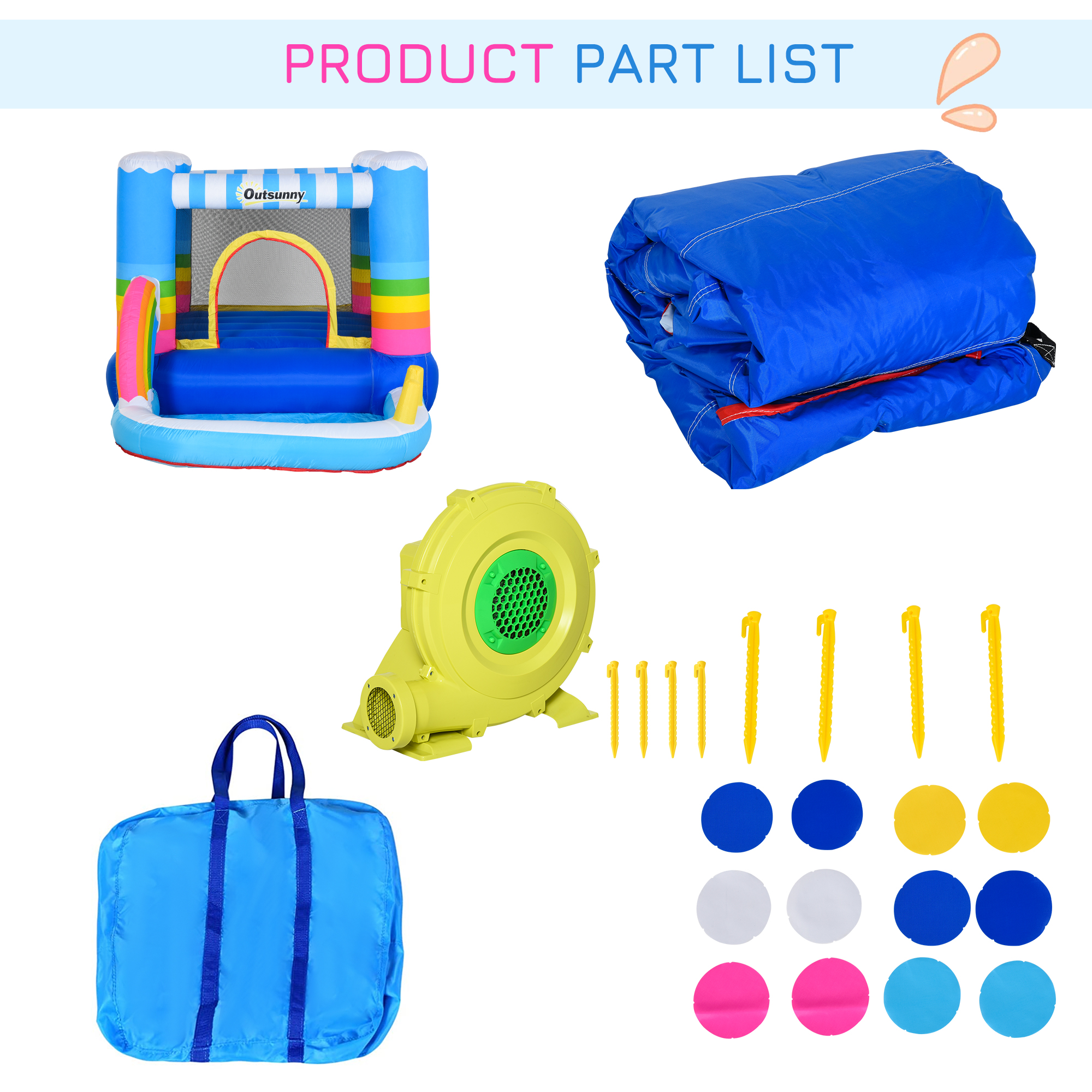 Outsunny Kids Bouncy Castle House Inflatable Trampoline Water Pool 2 in 1 with Blower for Kids Age 3-12 Rainbow Design 2.9 x 2 x 1.55m