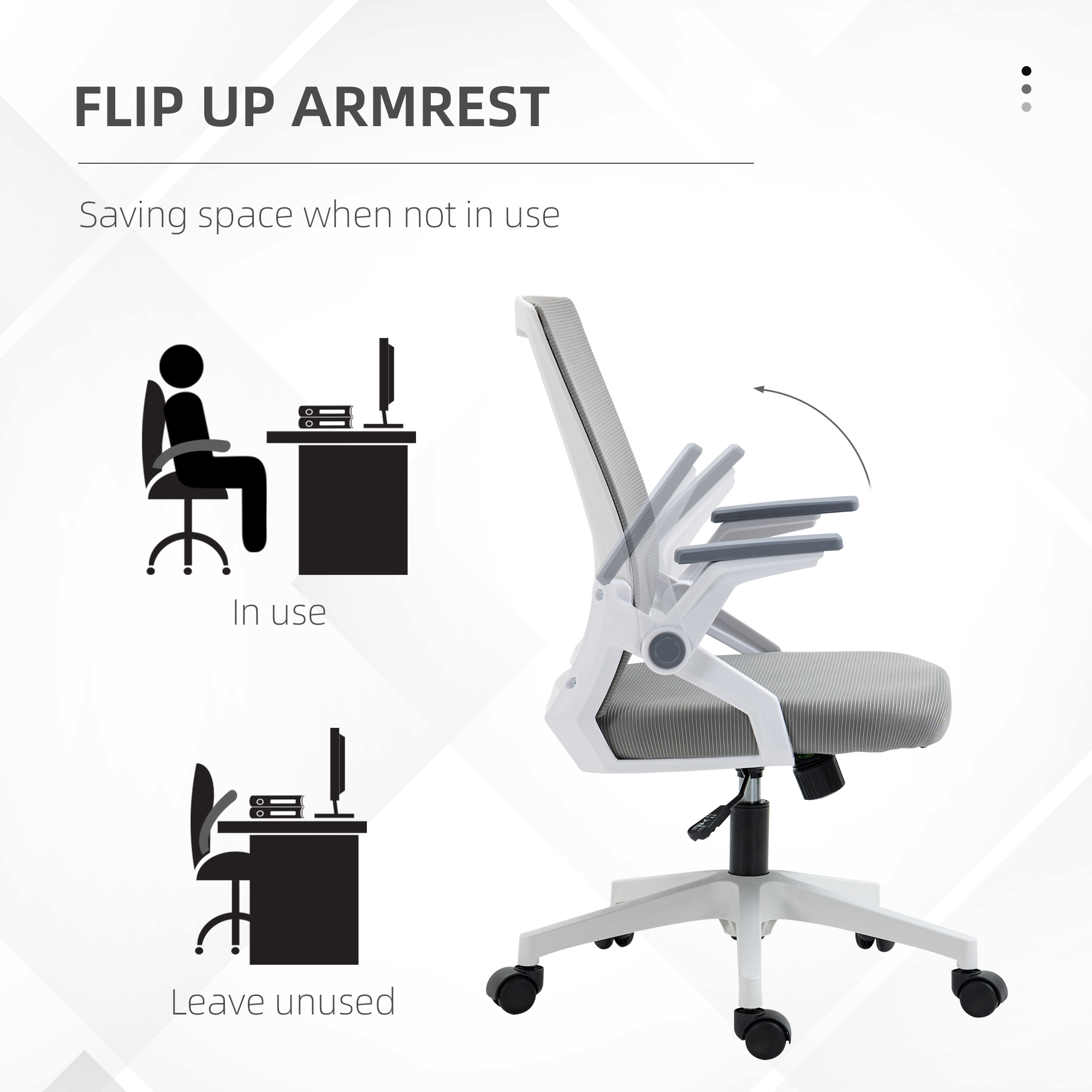 Vinsetto Ergonomic Mesh Office Chair with Lumbar Support, Adjustable Height, Flip-up Armrests, and Swivel Wheels, Grey