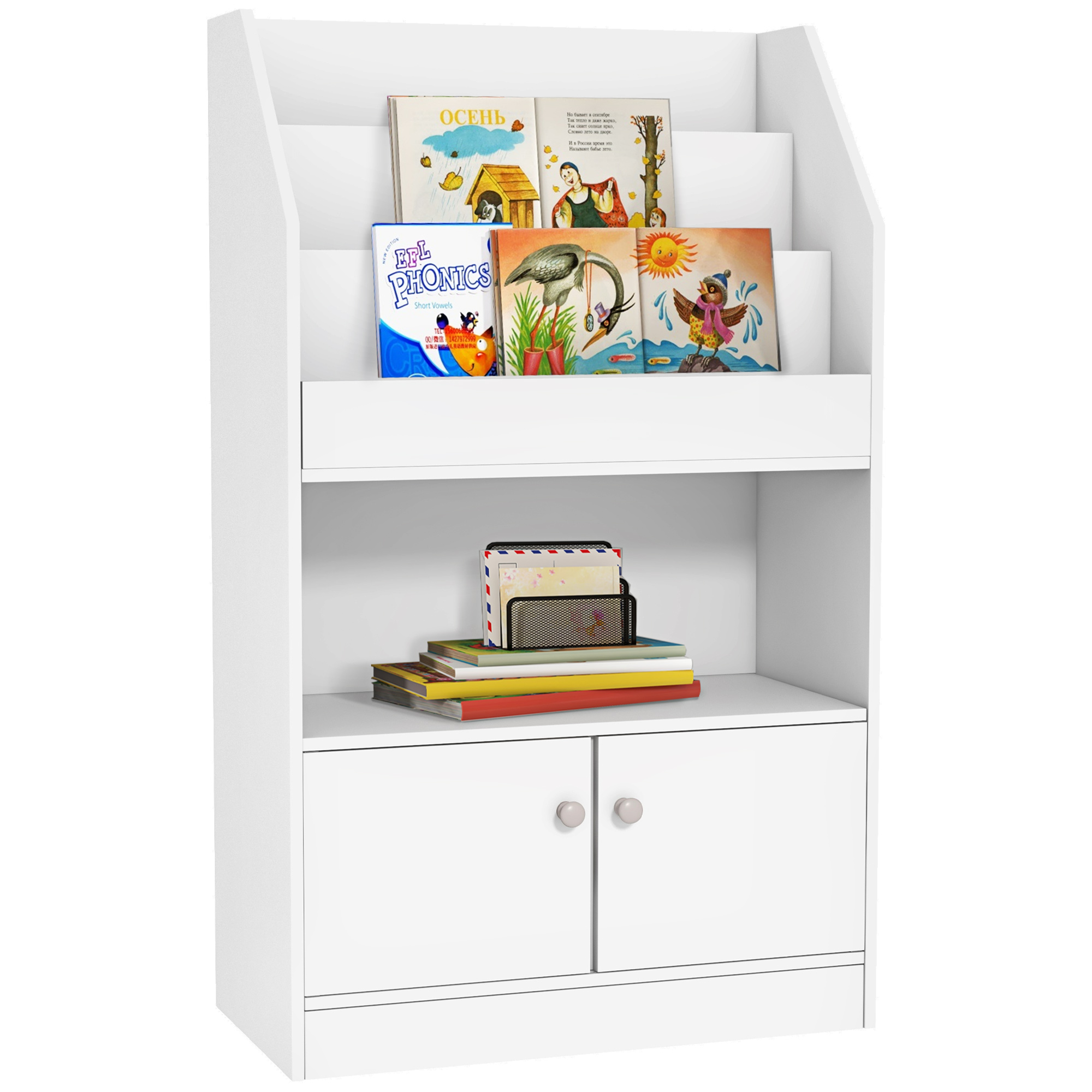 ZONEKIZ Estantería Infantil para Libros y Juguetes con 3 Compartimentos  Verticales y Armario para +3 Años 60x29,5x100 cm Blanco