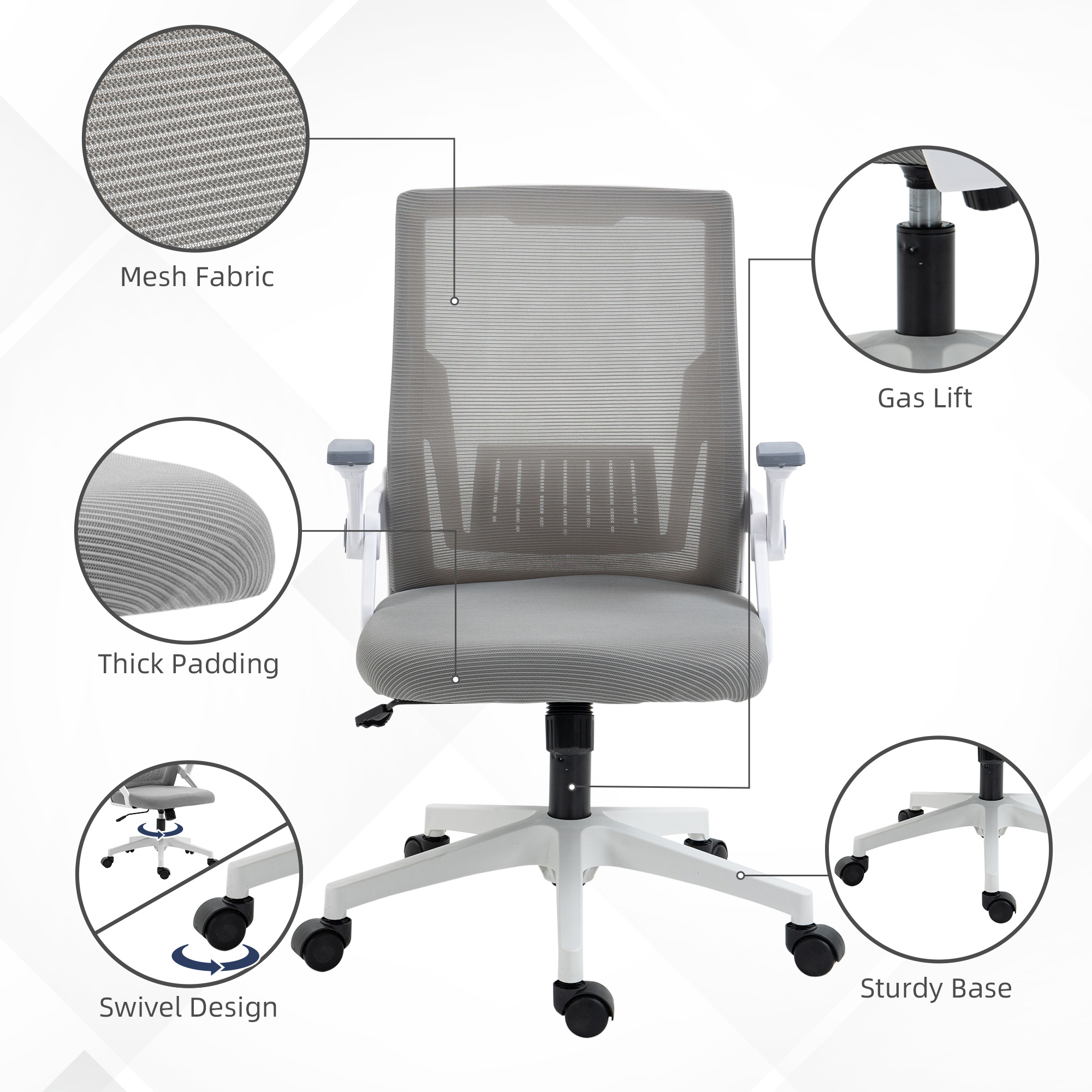 Vinsetto Ergonomic Mesh Office Chair with Lumbar Support, Adjustable Height, Flip-up Armrests, and Swivel Wheels, Grey