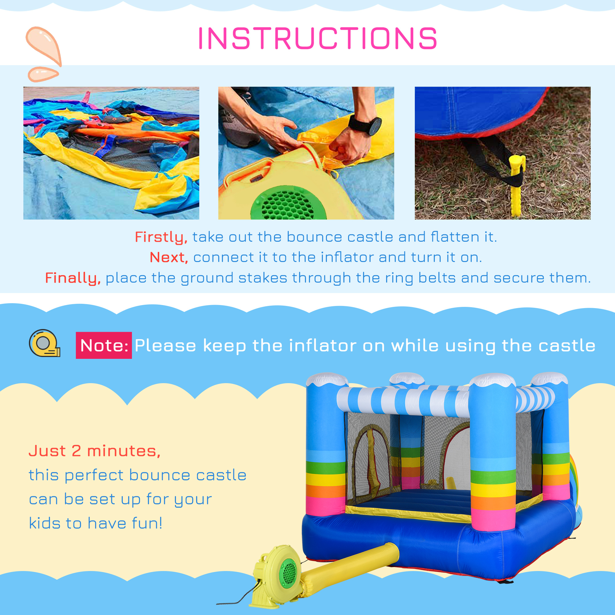 Outsunny Kids Bouncy Castle House Inflatable Trampoline Water Pool 2 in 1 with Blower for Kids Age 3-12 Rainbow Design 2.9 x 2 x 1.55m