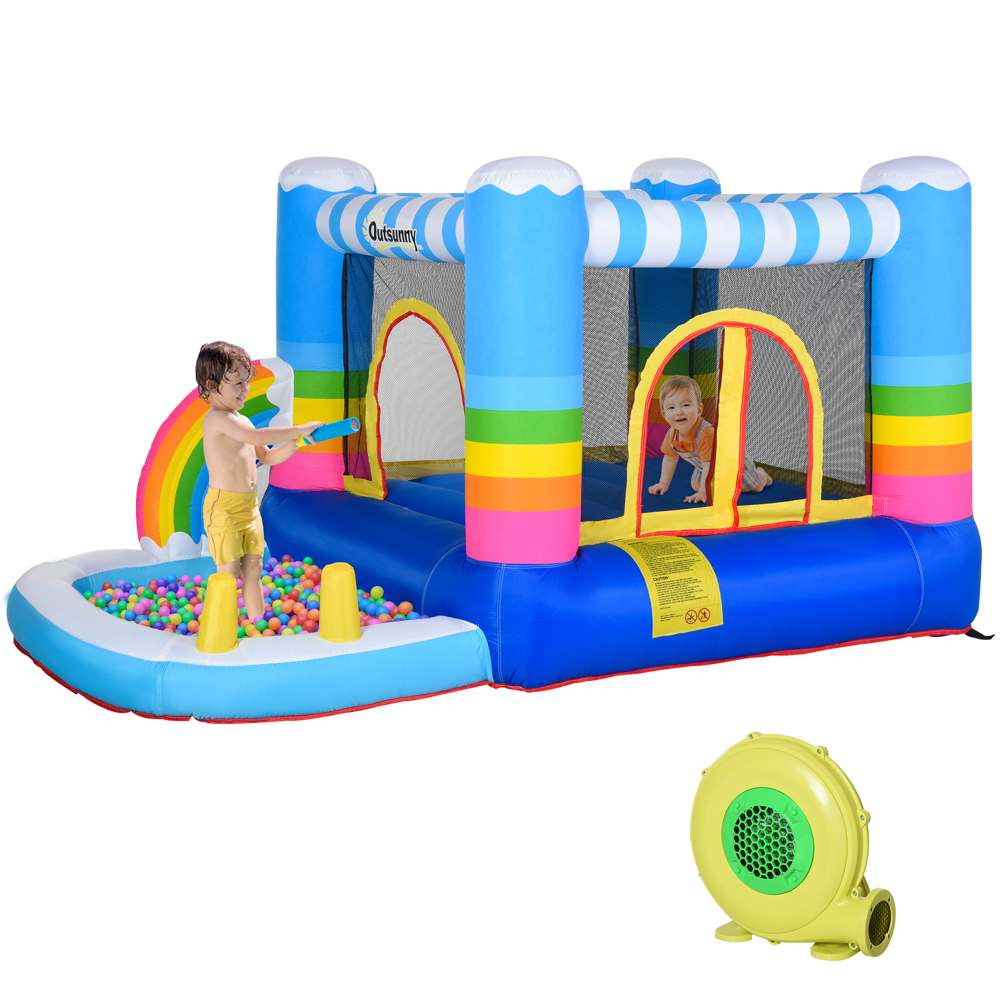 Outsunny Kids Bouncy Castle House Inflatable Trampoline Water Pool 2 in 1 with Blower for Kids Age 3-12 Rainbow Design 2.9 x 2 x 1.55m