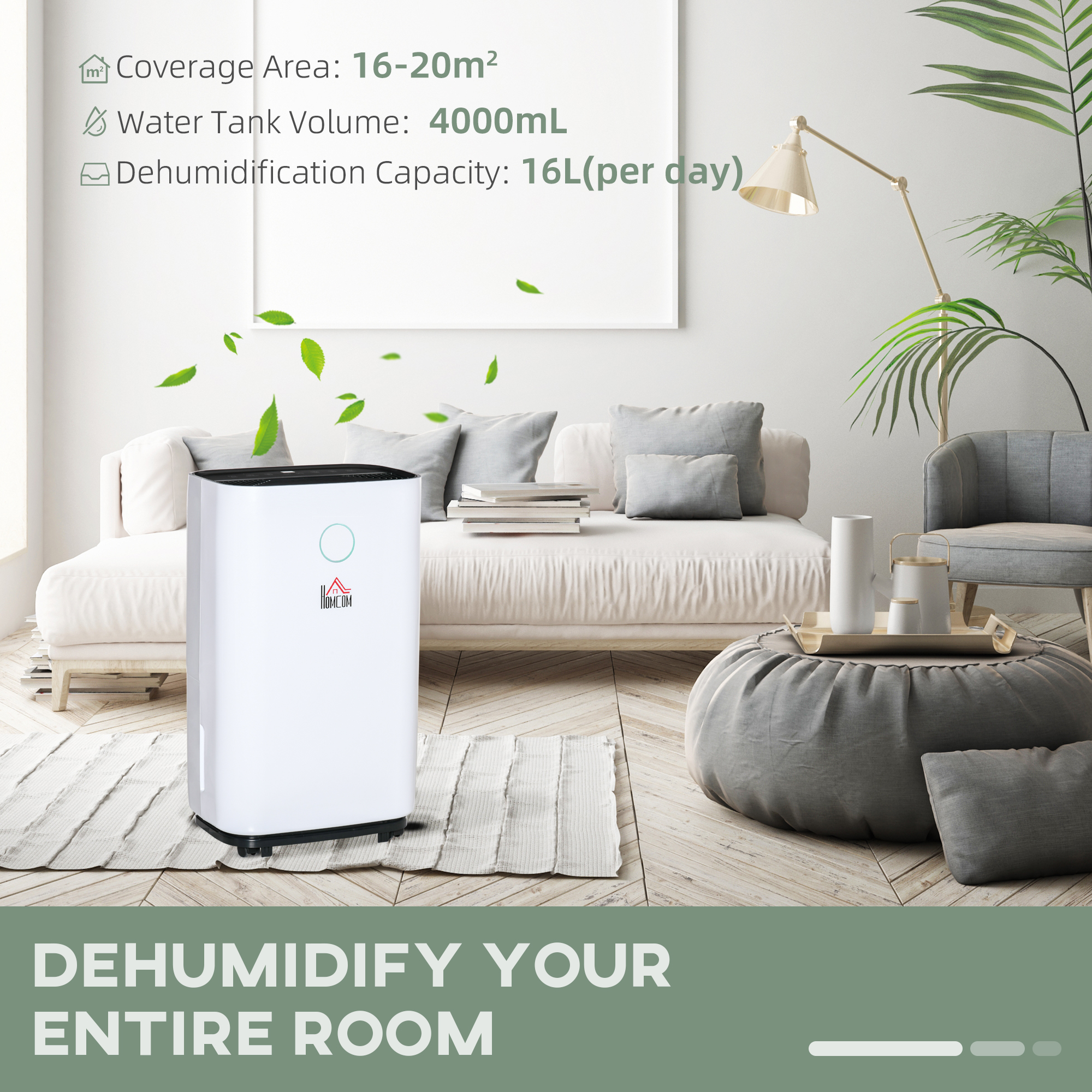 HOMCOM 20L/Day 4000ML Portable Quiet Dehumidifier for Home Laundry Room Bedroom Basement, Electric Moisture Air De-Humidifier with 3 Modes
