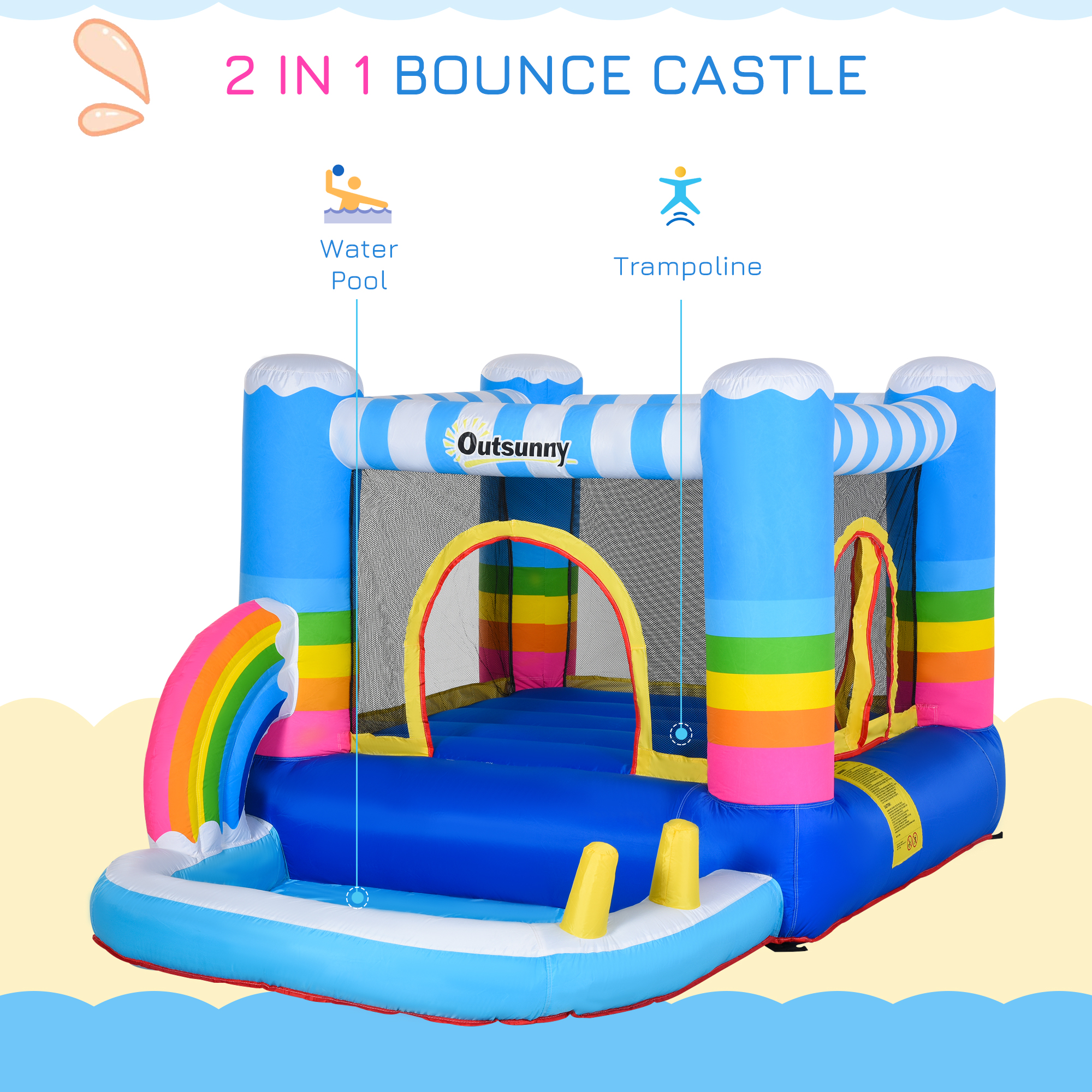Outsunny Kids Bouncy Castle House Inflatable Trampoline Water Pool 2 in 1 with Blower for Kids Age 3-12 Rainbow Design 2.9 x 2 x 1.55m