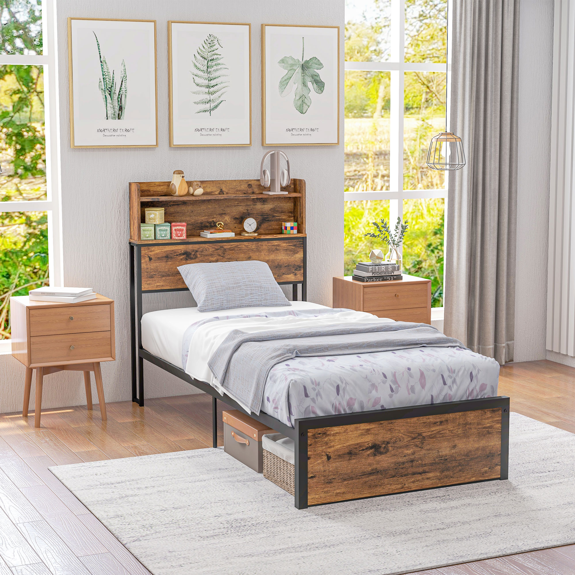 HOMCOM Industrial Single Bed Frame, 3.1FT Steel Bed Base w/ Storage Headboard, Footboard, Under Bed Storage, 95 x 209cm, Rustic Brown