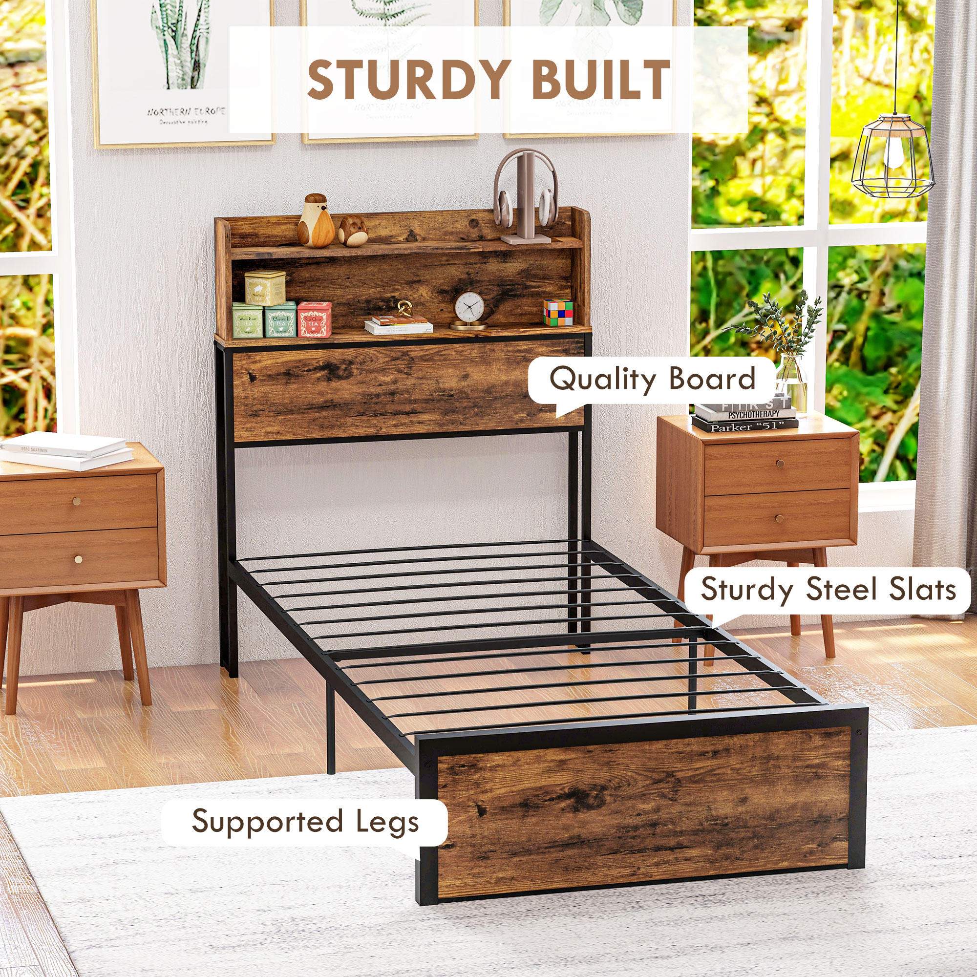 HOMCOM Industrial Single Bed Frame, 3.1FT Steel Bed Base w/ Storage Headboard, Footboard, Under Bed Storage, 95 x 209cm, Rustic Brown
