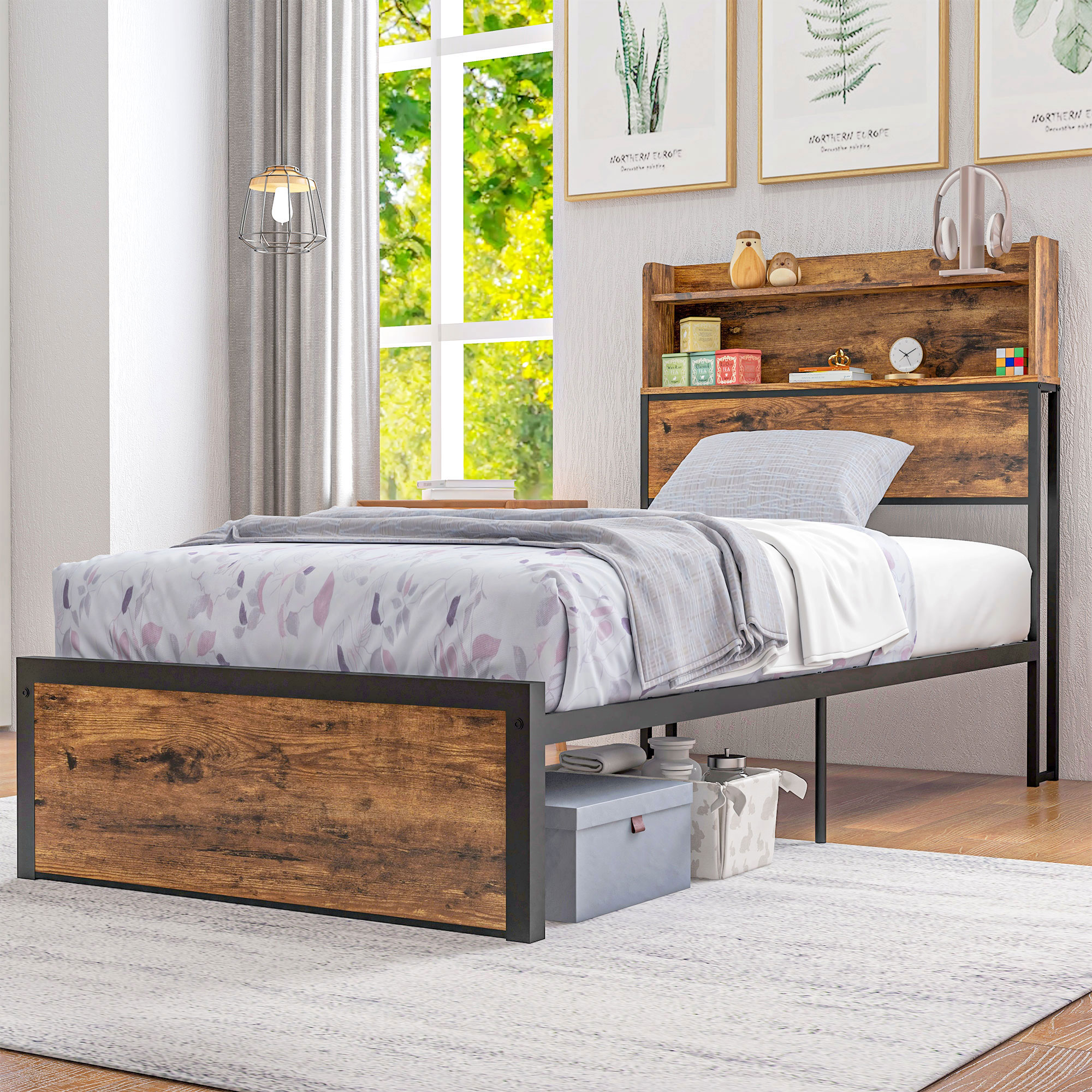 HOMCOM Industrial Single Bed Frame, 3.1FT Steel Bed Base w/ Storage Headboard, Footboard, Under Bed Storage, 95 x 209cm, Rustic Brown
