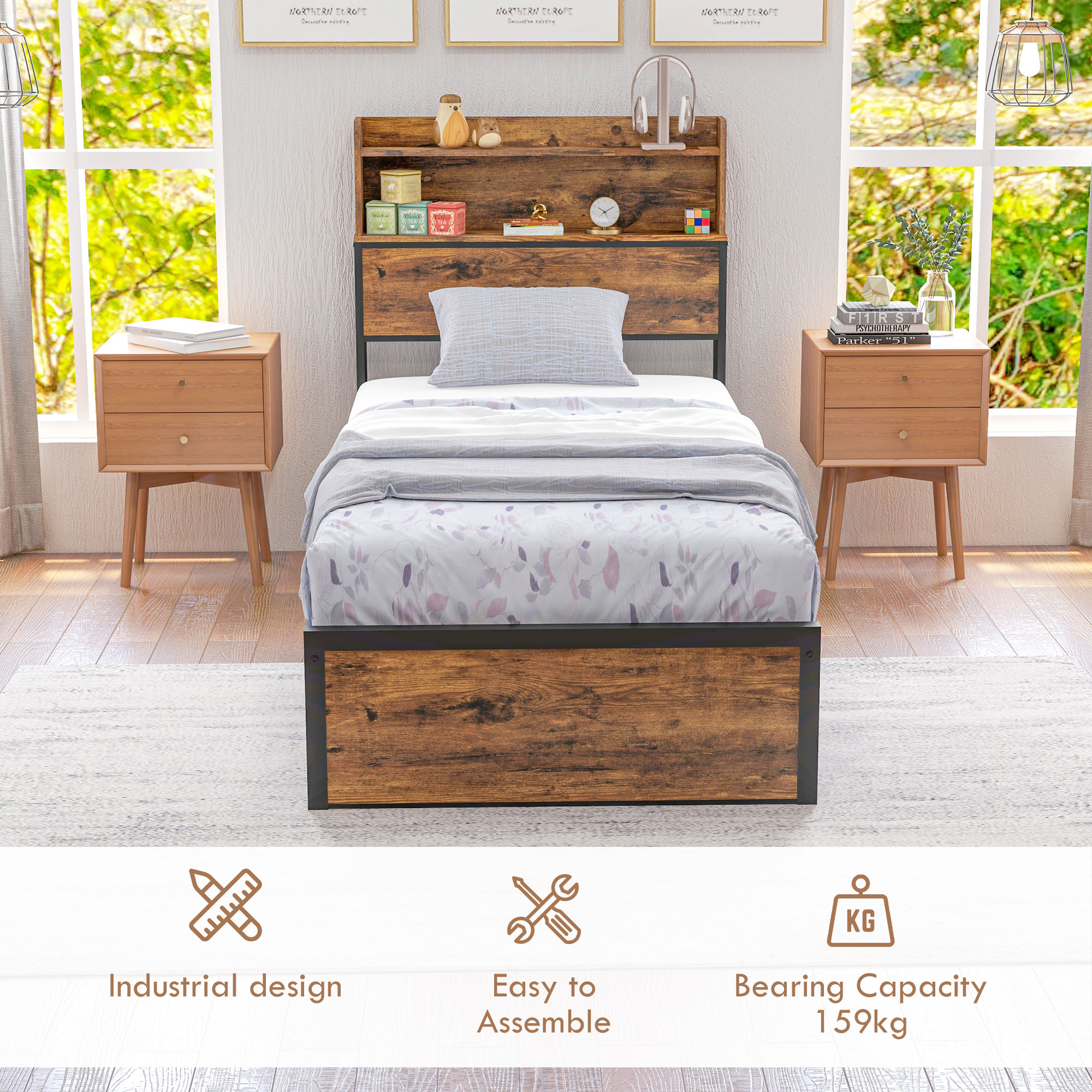 HOMCOM Industrial Single Bed Frame, 3.1FT Steel Bed Base w/ Storage Headboard, Footboard, Under Bed Storage, 95 x 209cm, Rustic Brown